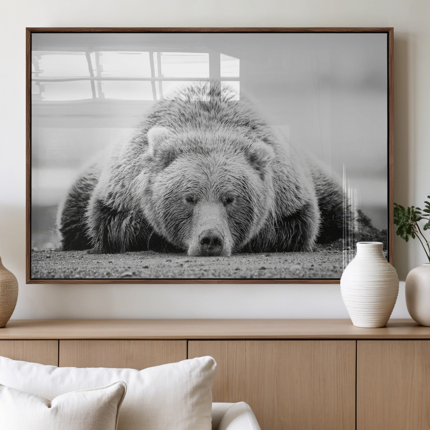 72905-MGV-FP-36X24-3P_Walnut-Resting Grizzly Bear Wall Art Canvas Print – Majestic Lazy Black and White Wildlife Bear Art,