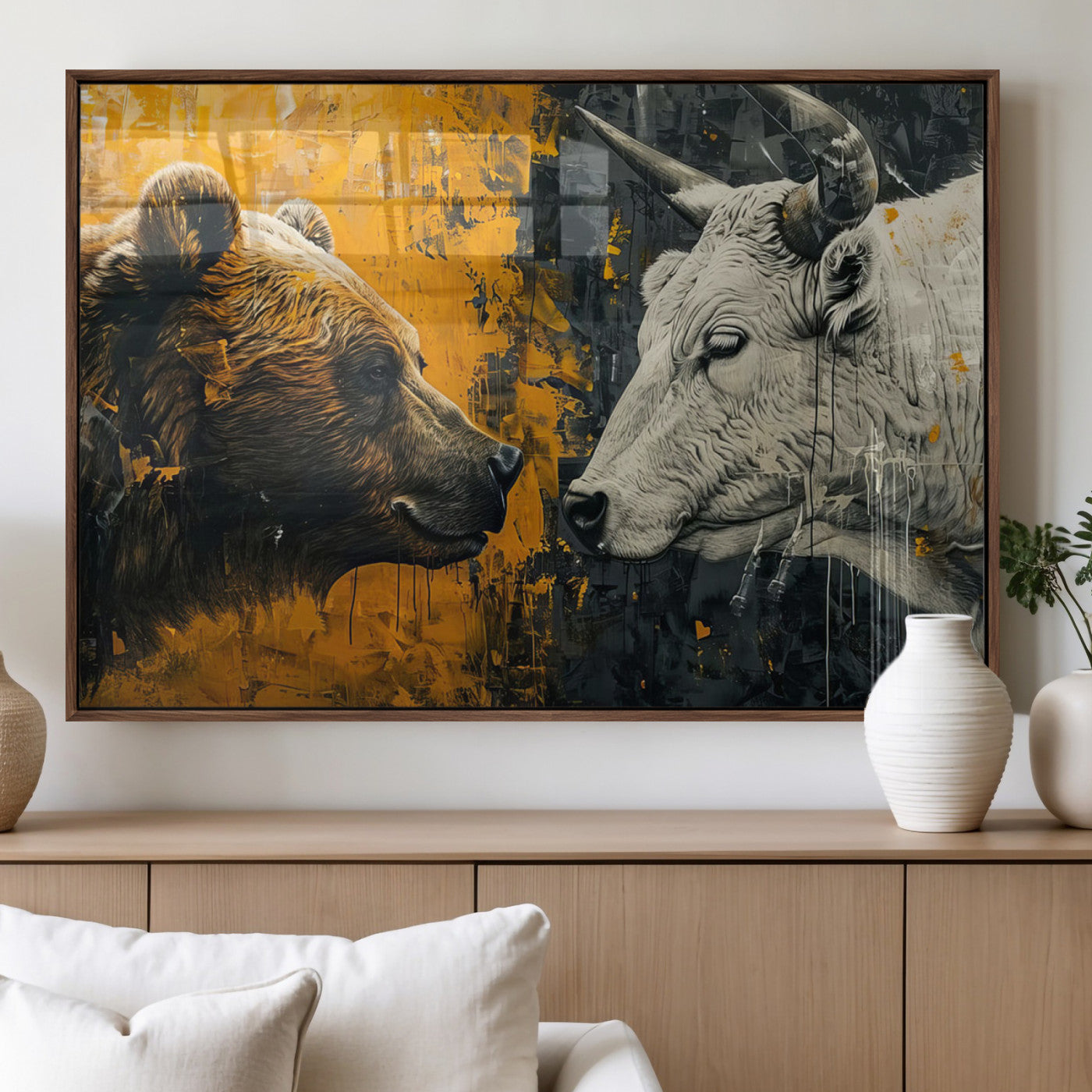 71185-MGV-FP-36X24-3P_Walnut-Bear and Bull Wall Art Canvas Print – Abstract Animal Portrait Painting for Modern Home Decor –