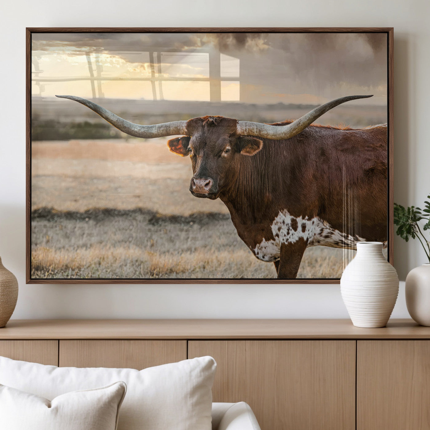 42715-MGV-FP-36X24-3P_Walnut-Texas Longhorn Wall Art Canvas Print, Rustic Ranch Decor, Majestic Western Longhorn Cattle
