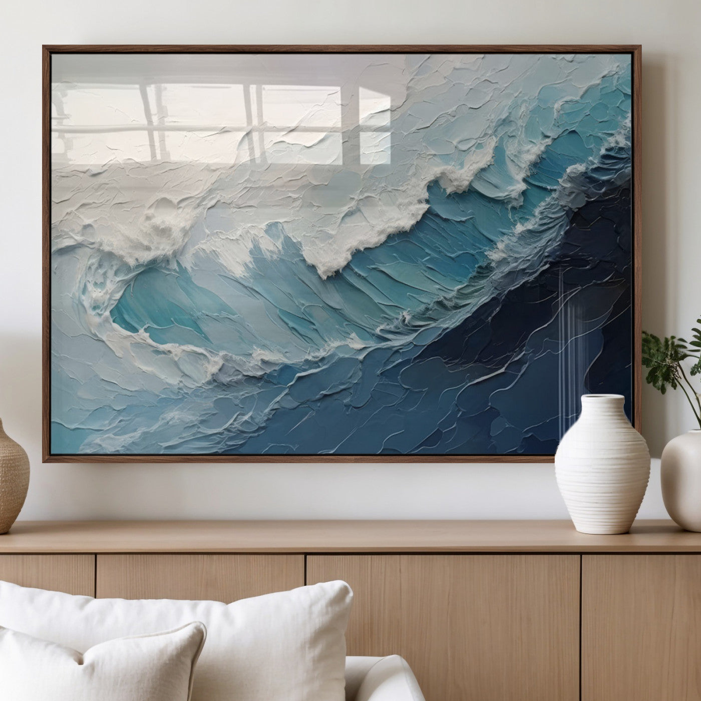 23887-MGV-FP-36X24-3P_Walnut-Ocean Wave Canvas Wall Art Print – Coastal Living Room Large Ocean Wave Seascape Wall Art for Home, Office, Living Room