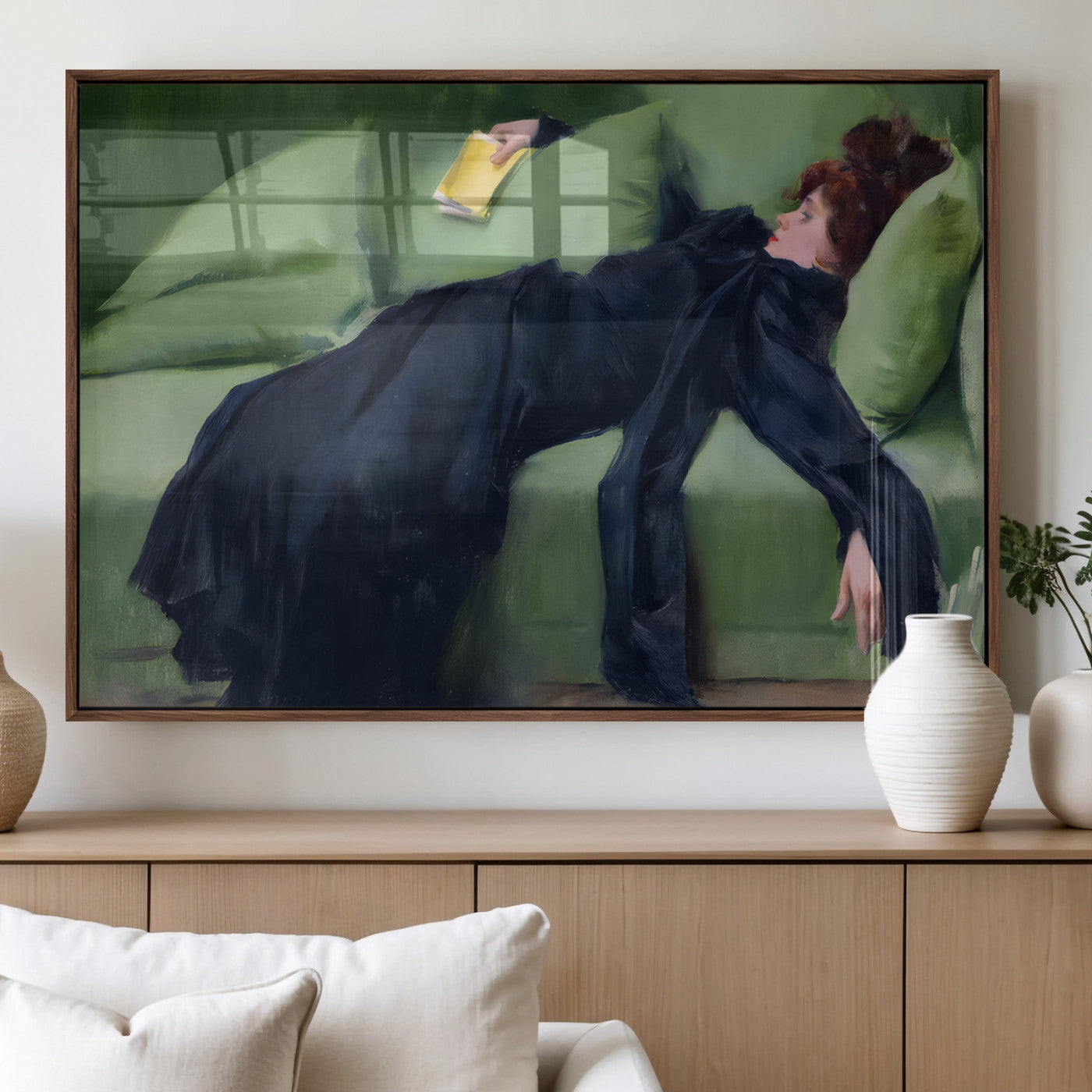 17725-MGV-FP-36X24-3P_Walnut-Decadent Girl by Ramon Casas Wall Art Canvas Print, Framed Decadent Girl Canvas Print