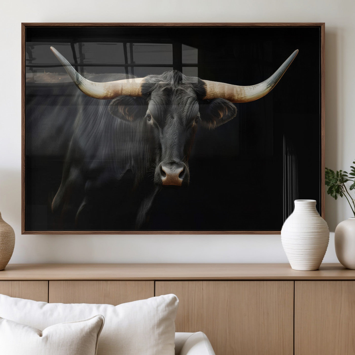 63798-MGV-FP-36X24-3P_Walnut-Black Bull Wall Art – Majestic Longhorn Canvas Print with Dark Background, Rustic Western Farmhouse Decor for Living Room or Office