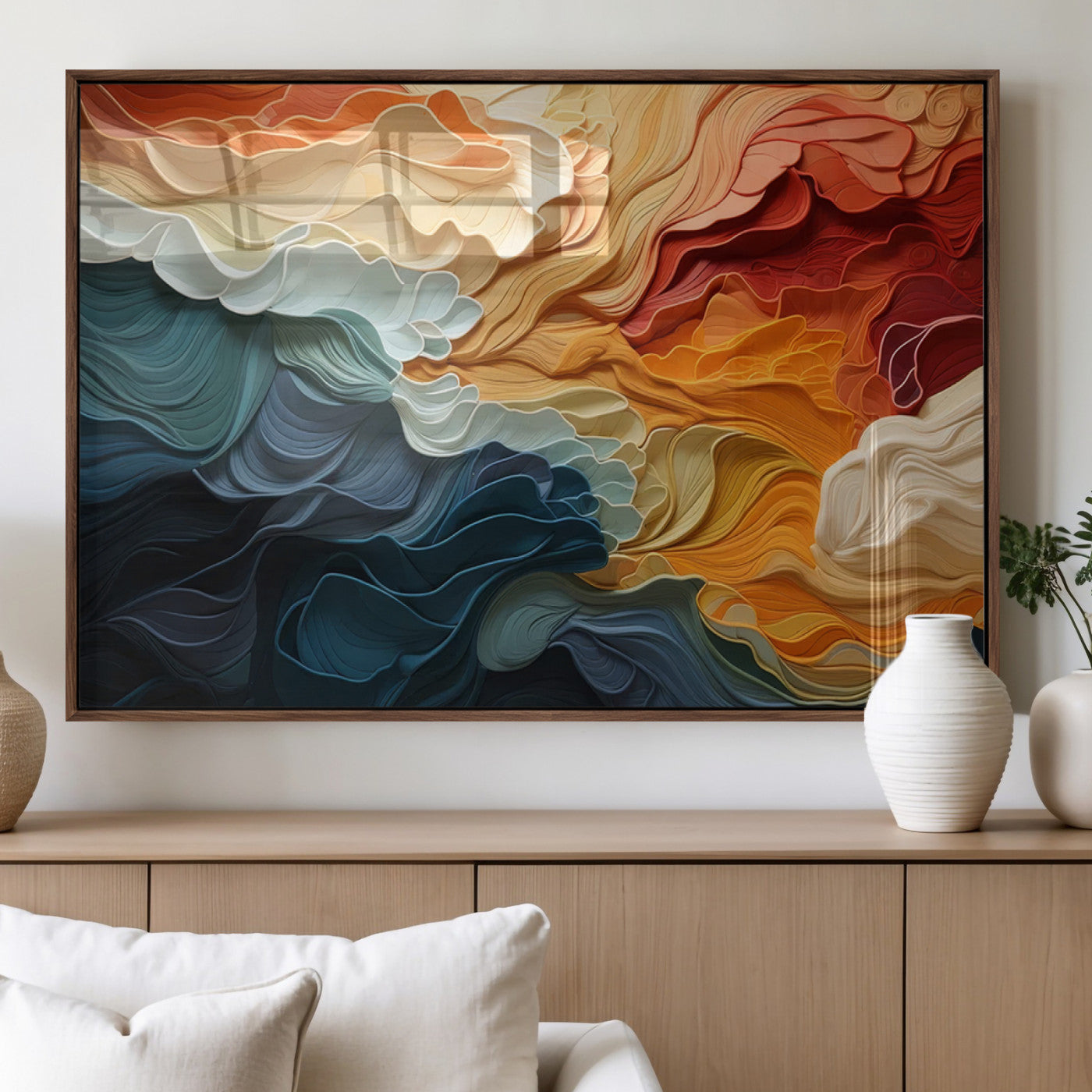 31634-MGV-FP-36X24-3P_Walnut-Blue Orange Abstract Wave Wall Art Canvas Print, Framed Blue Orange Wave Wall Art
