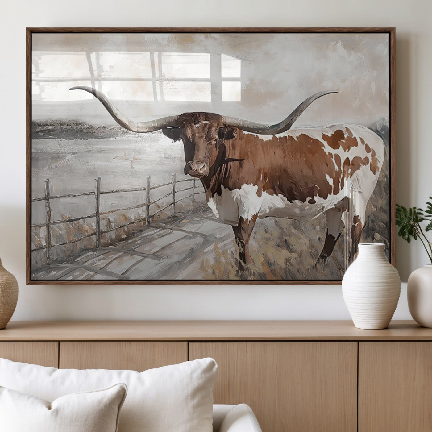 57340-MGV-FP-36X24-3P_Walnut-Vintage Texas Cow Wall Art Canvas Print, Rustic Longhorn Wall Art | Canvas Print for Farmhouse Decor