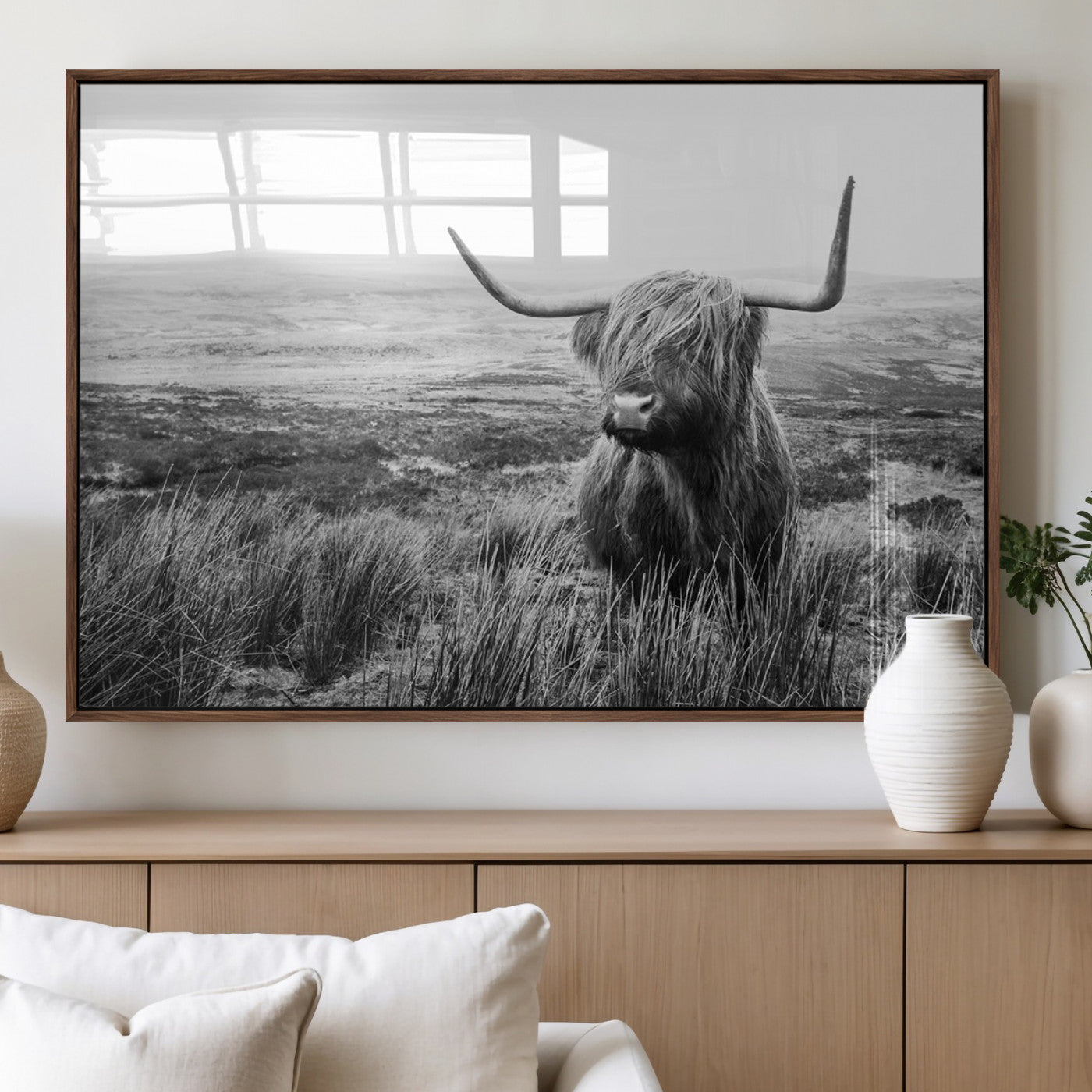 80826-MGV-FP-36X24-3P_Walnut-Scottish Highland Cow Wall Art | Black and White Canvas Print | Ready to Hang and Framed | Rustic
