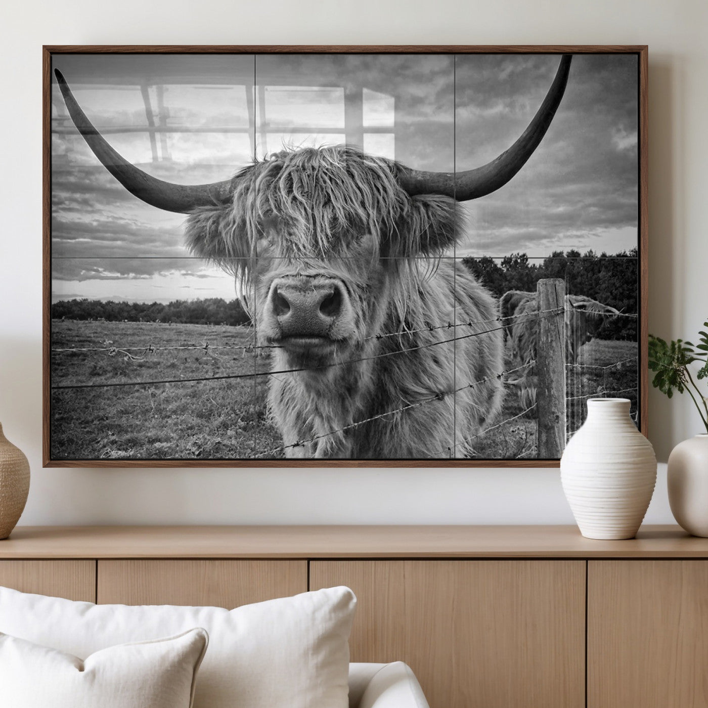71937-MGV-FP-36X24-3P_Walnut-Scottish Highland Cow Canvas Wall Art Farmhouse Decor, Framed Scottish Highland Cow Print