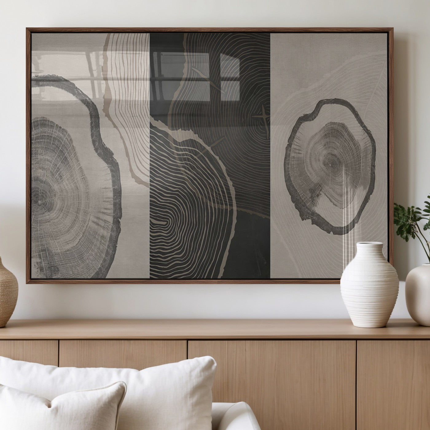 25407-MGV-FP-36X24-3P_Walnut-Modern Abstract Tree Ring Canvas Art Set | 3 Panel Large Tree Ring Design for Living Room, Office,