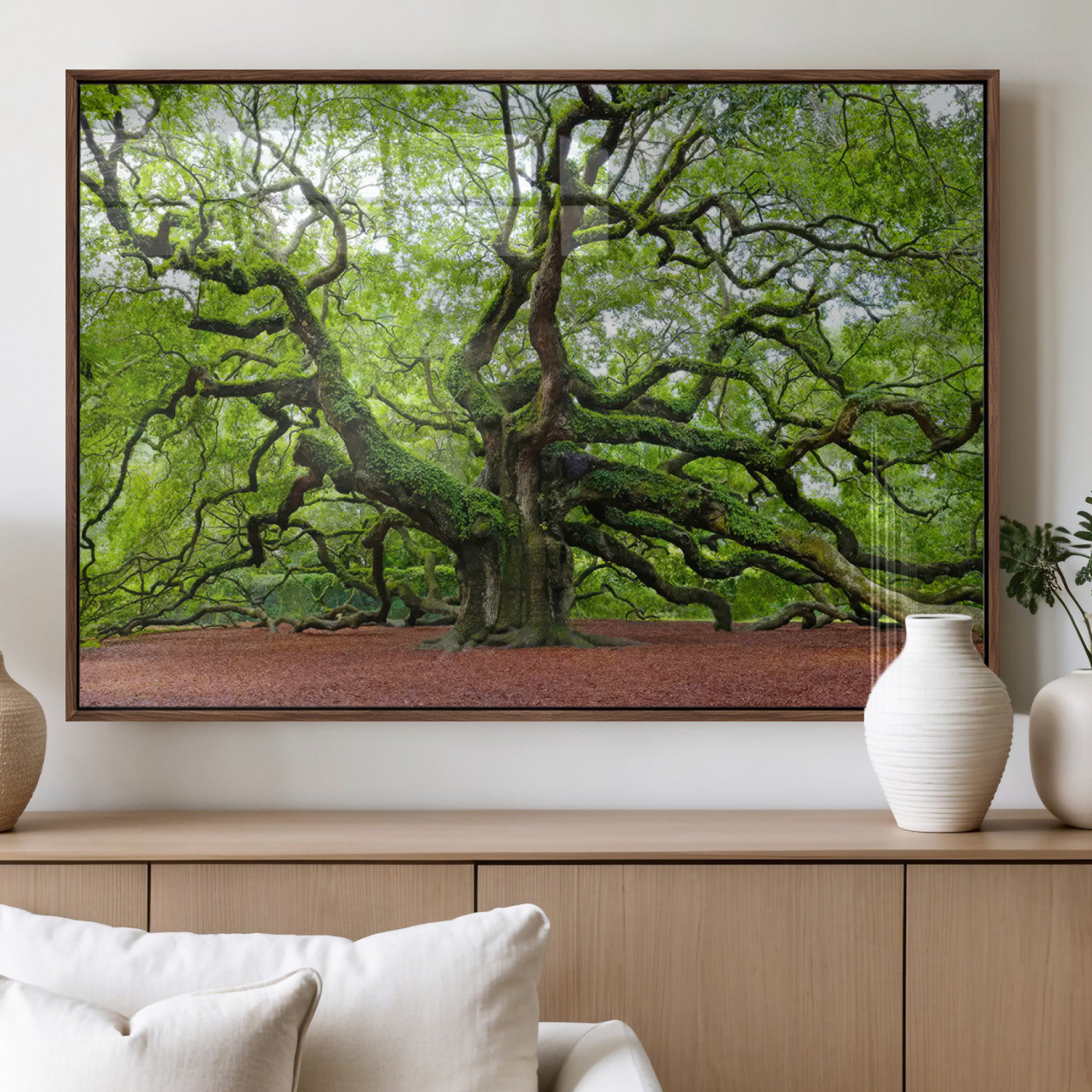 40313-MGV-FP-36X24-3P_Walnut-Framed Angel Oak Tree Wall Art - 3-Panel Canvas Prints, Large Green Nature Artwork, Ready to Hang
