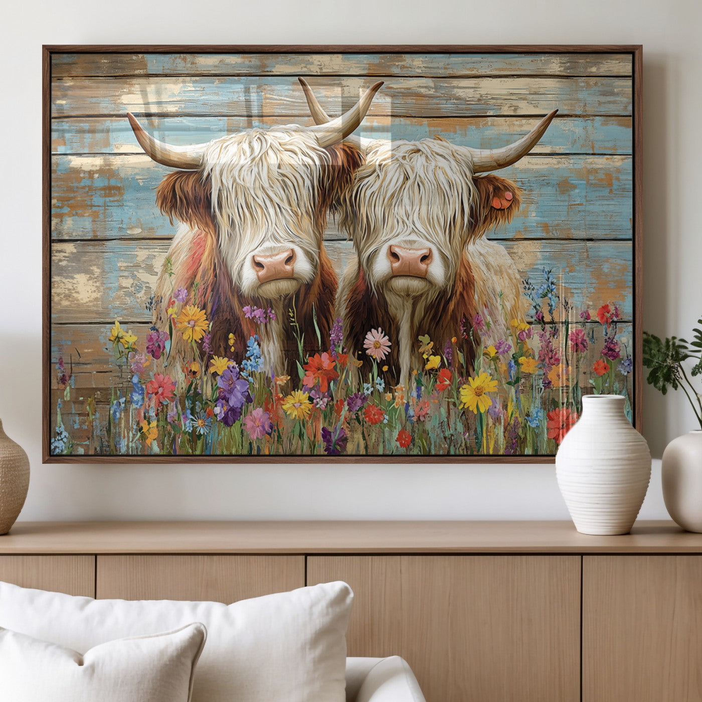 36972-MGV-CV-36X24 - Cute Highland Cow Canvas Wall Art - Rustic Farmhouse Decor with Colorful Flowers Perfect Wall Art