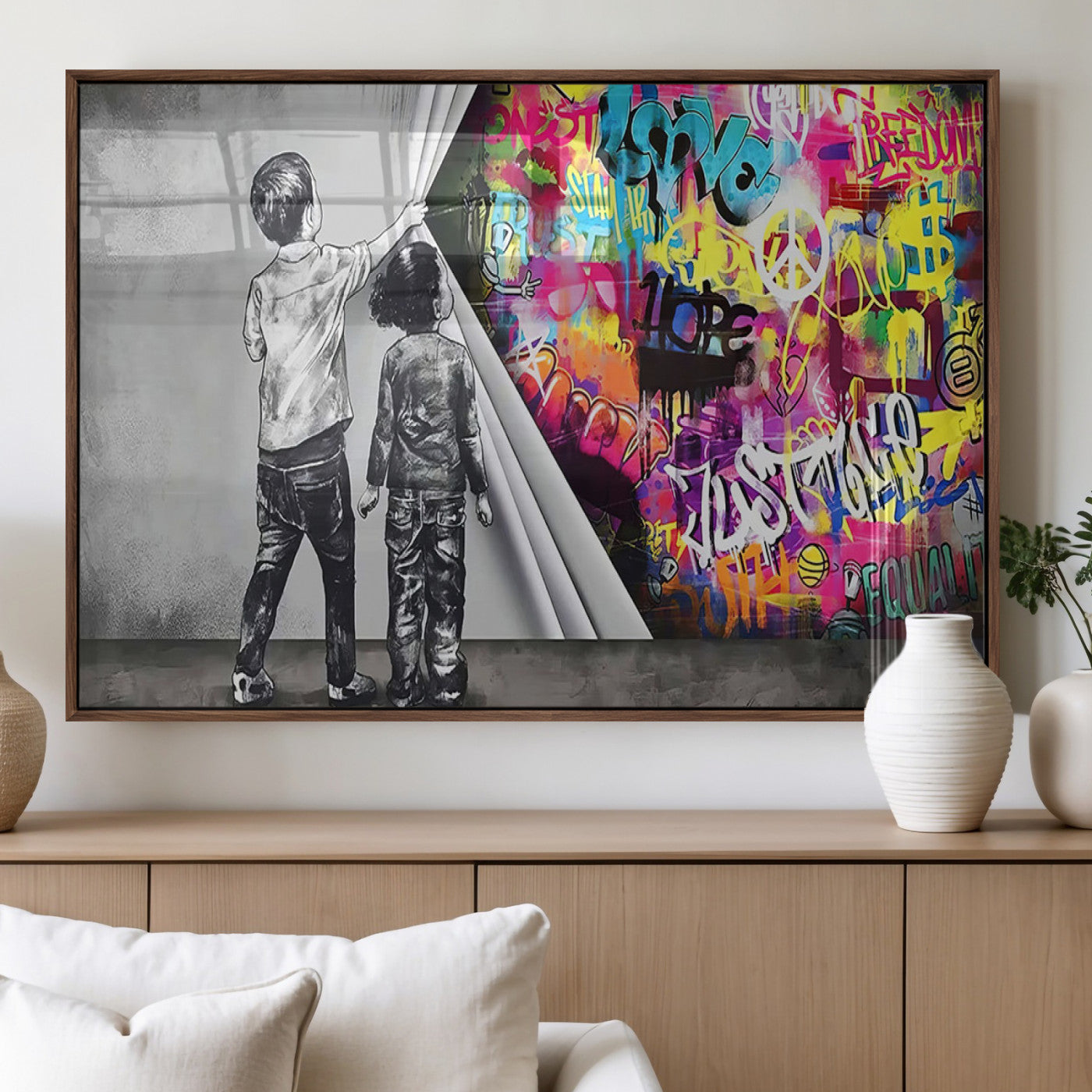 92809-MGV-FP-36X24-3P_Walnut-Banksy Print - Street Art Canvas Wall Art - Kids Revealing Graffiti, Urban Modern Decor for Living