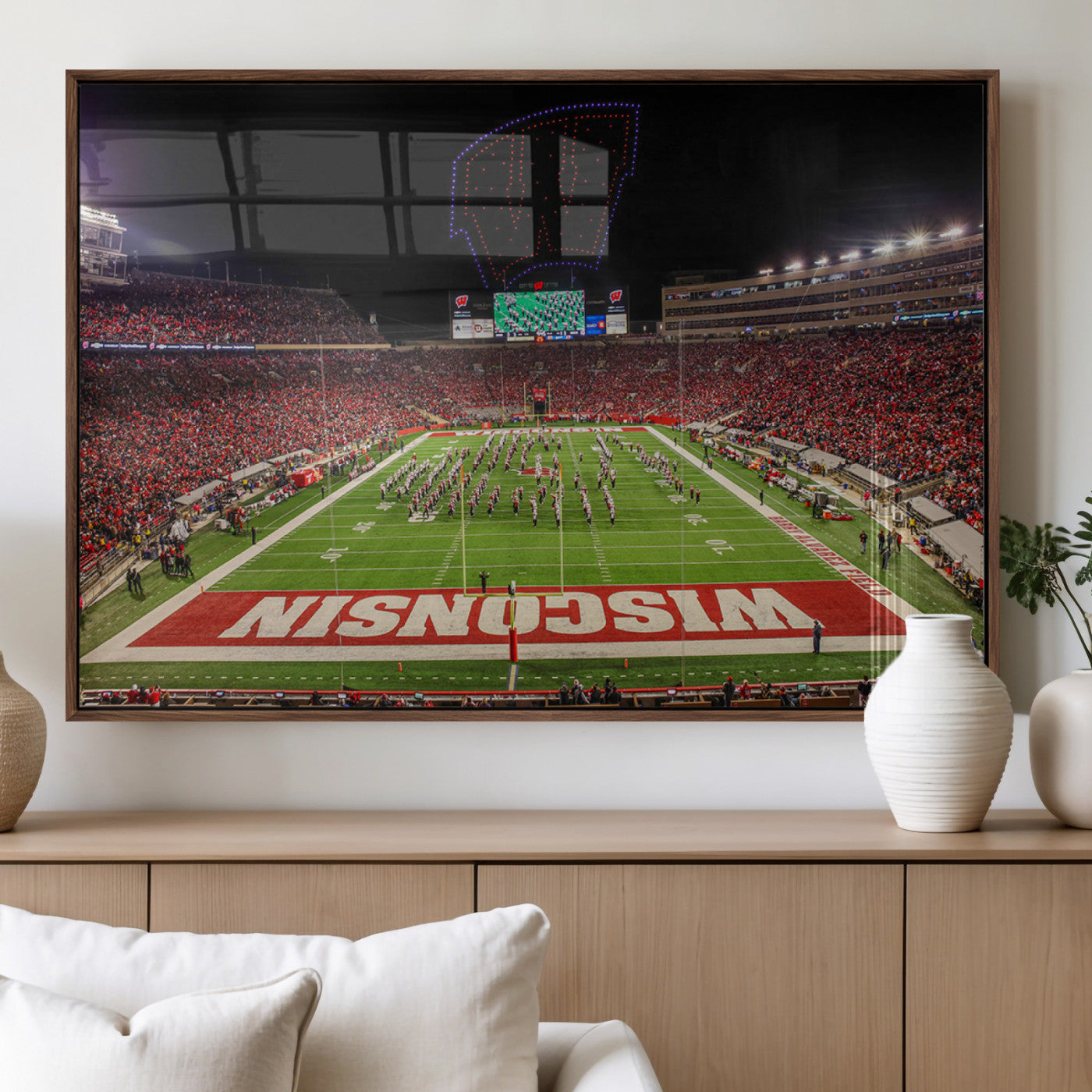 34125-MGV-FP-36X24-3P_Walnut-Wisconsin Badgers Football Team Print Canvas- Madison Camp Randall Stadium Wall Art Canvas Print
