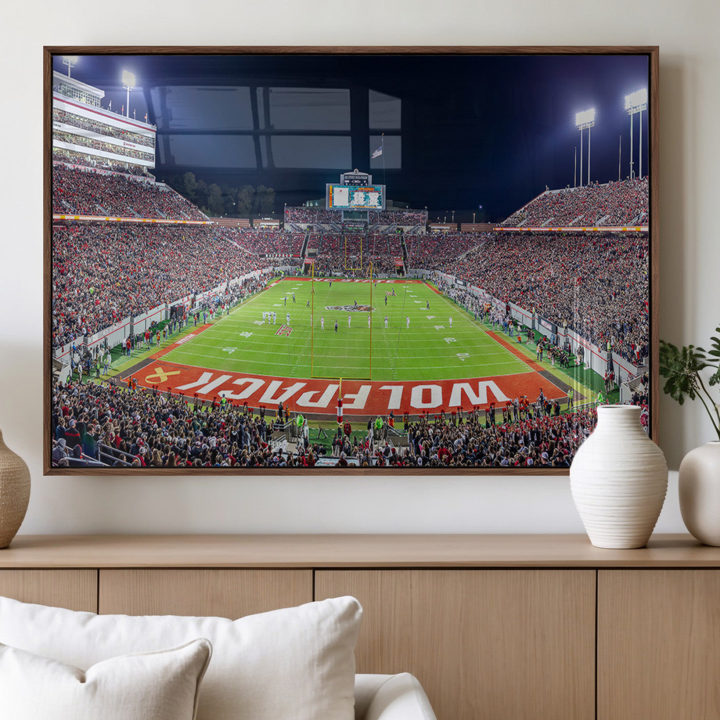 80943-MGV-FP-36X24-3P_Walnut-Wolfpack Football Team Print - Raleigh Carter-Finley Stadium Wall Art Canvas Print