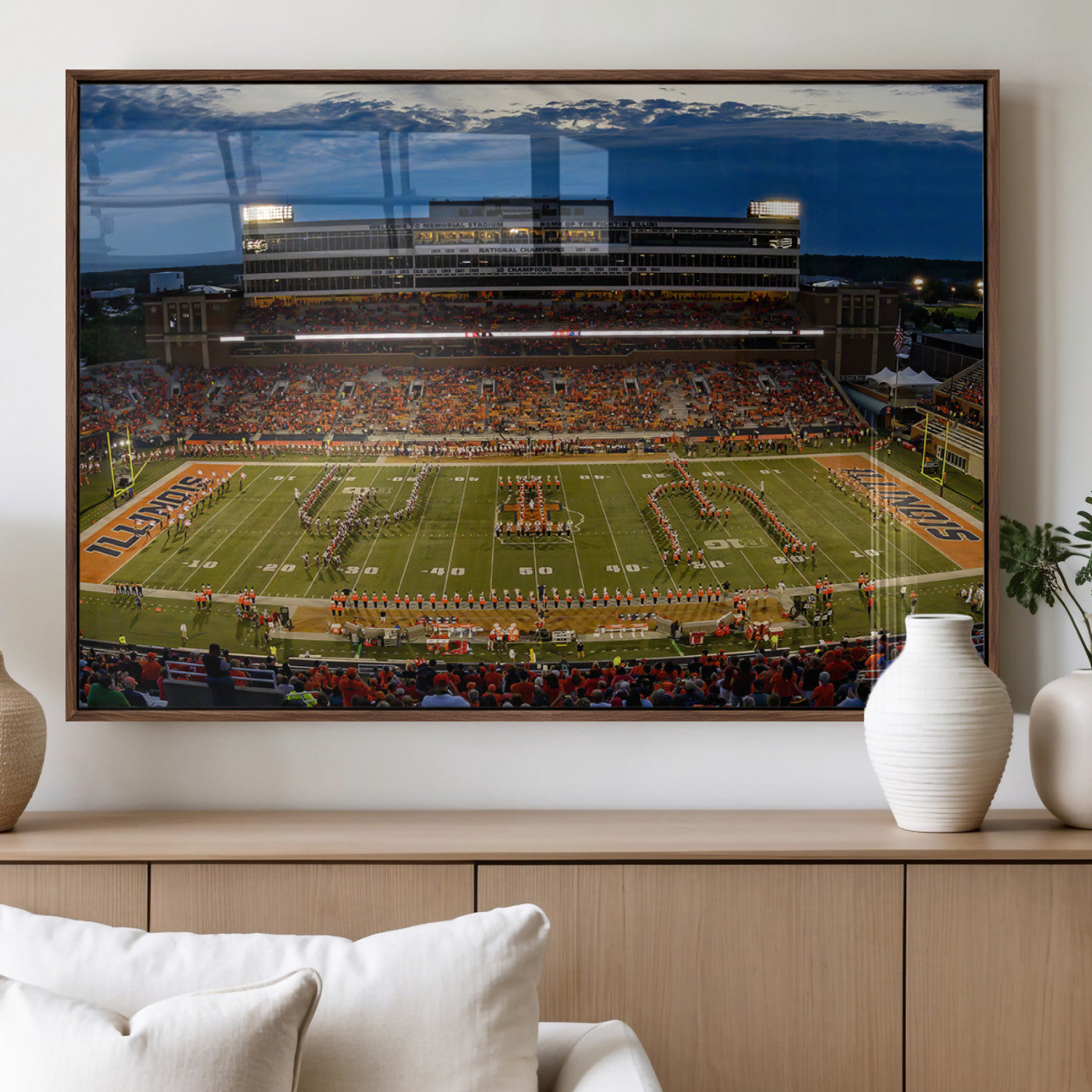 44513-MGV-FP-36X24-3P_Walnut-University of Illinois Fighting Illini Football Team Print - Champaign Illinois Memorial Stadium