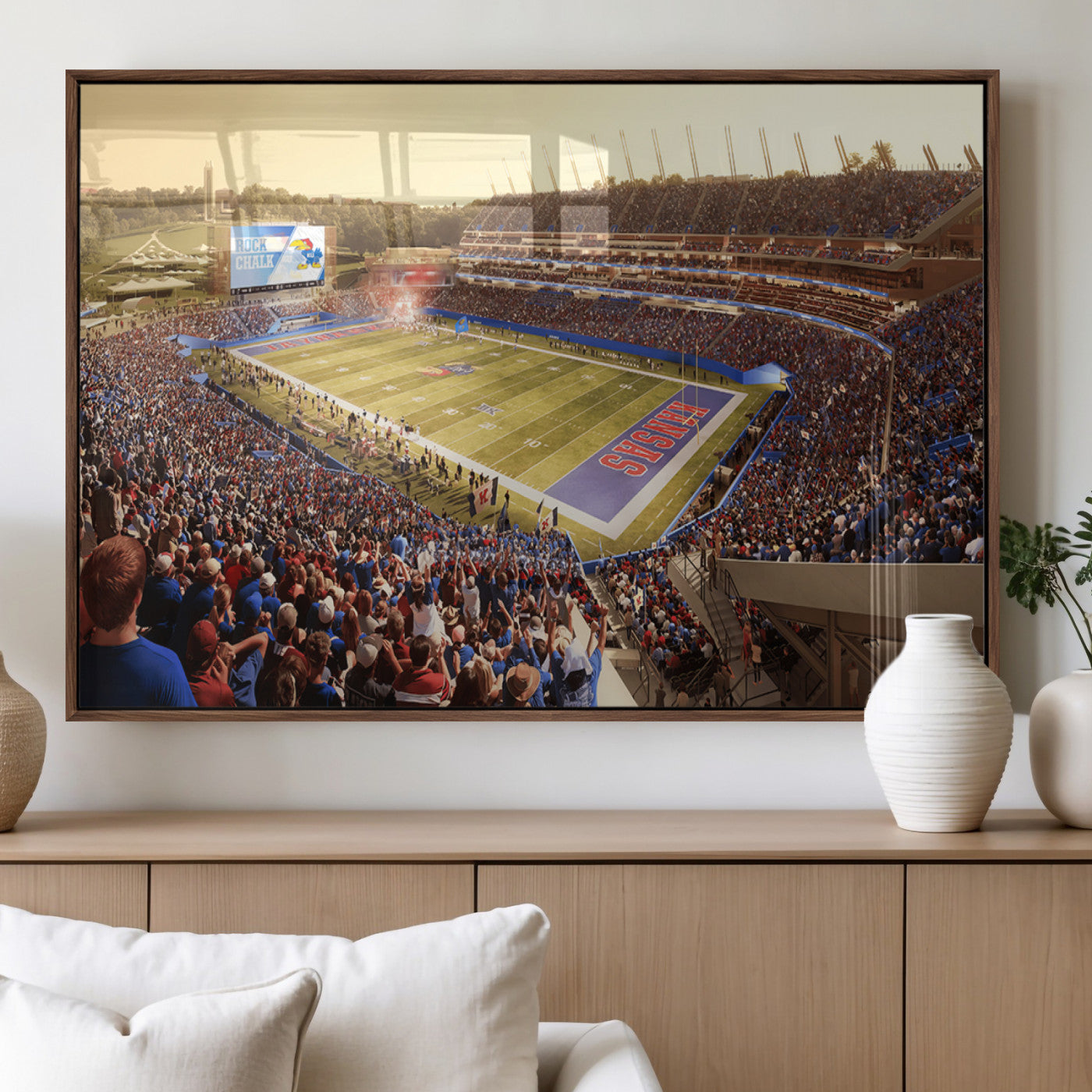 71731-MGV-FP-36X24-3P_Walnut-University of Kansas Jayhawks Football Team Print - Lawrence Kansas Memorial Stadium Wall Art Canvas