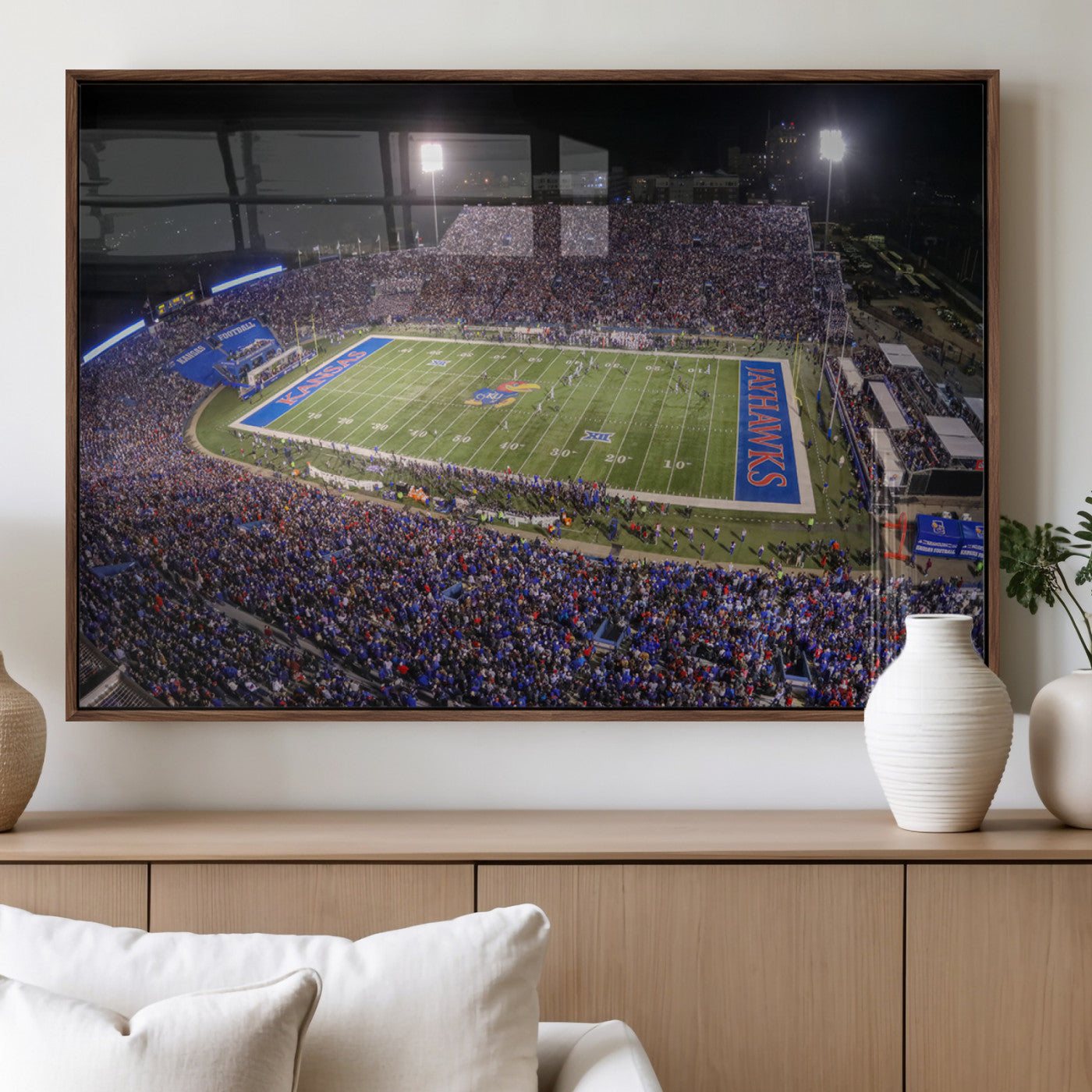 69760-MGV-FP-36X24-3P_Walnut-University of Kansas Jayhawks Football Team Print - Lawrence Kansas Memorial Stadium Wall Art Canvas