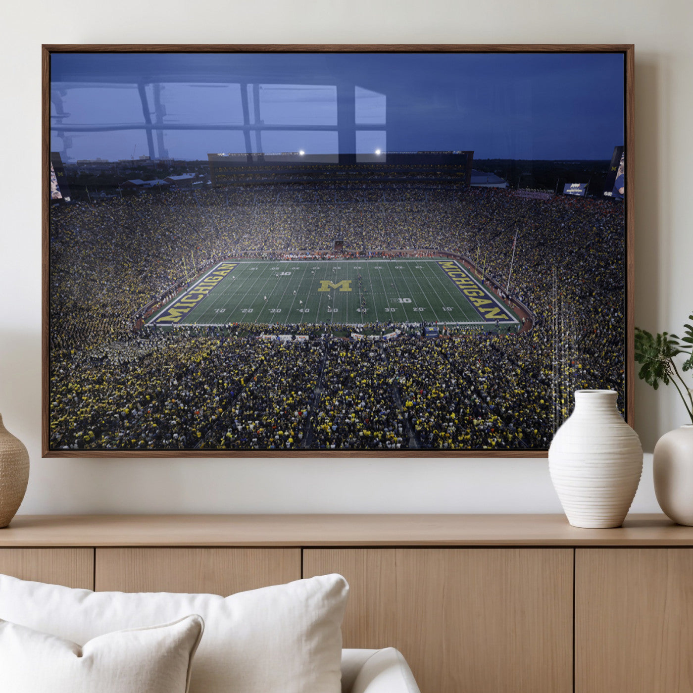 34202-MGV-FP-36X24-3P_Walnut-University of Michigan Wolverines Football Team Print - Ann Arbor Michigan Stadium Wall Art Canvas
