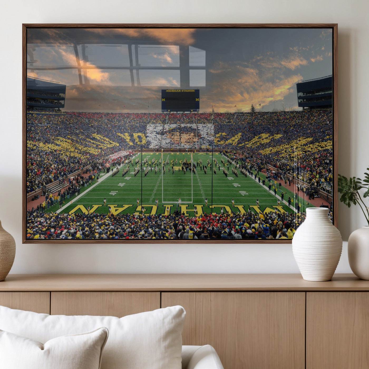 81843-MGV-FP-36X24-3P_Walnut-University of Michigan Wolverines Print Canvas, Football Team Print - Ann Arbor Michigan Stadium