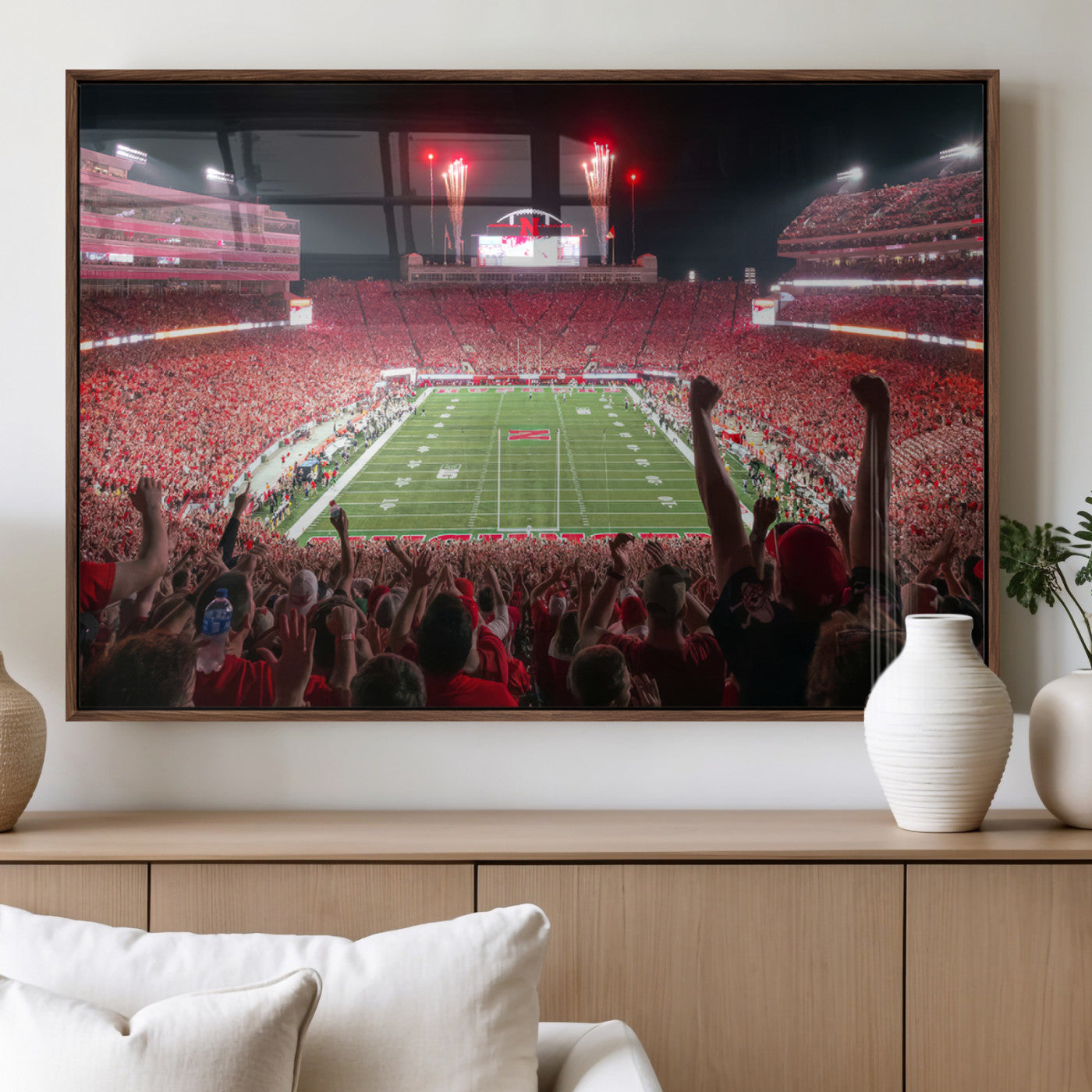 43351-MGV-FP-36X24-3P_Walnut-University of Nebraska Cornhuskers Football Team Print - Lincoln Memorial Stadium Wall Art Canvas