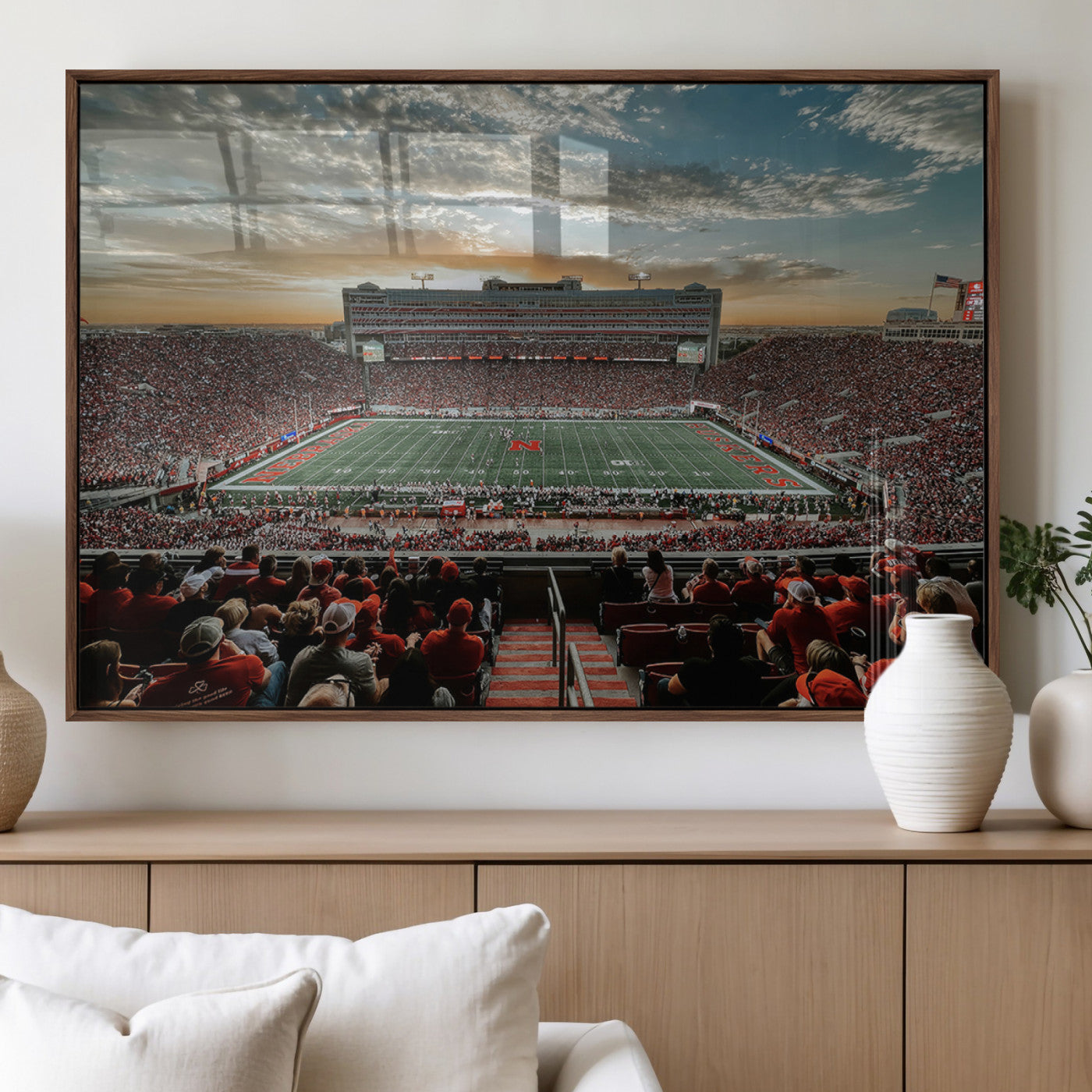 70684-MGV-FP-36X24-3P_Walnut-University of Nebraska Cornhuskers Football Team Print - Lincoln Memorial Stadium Art Canvas Print