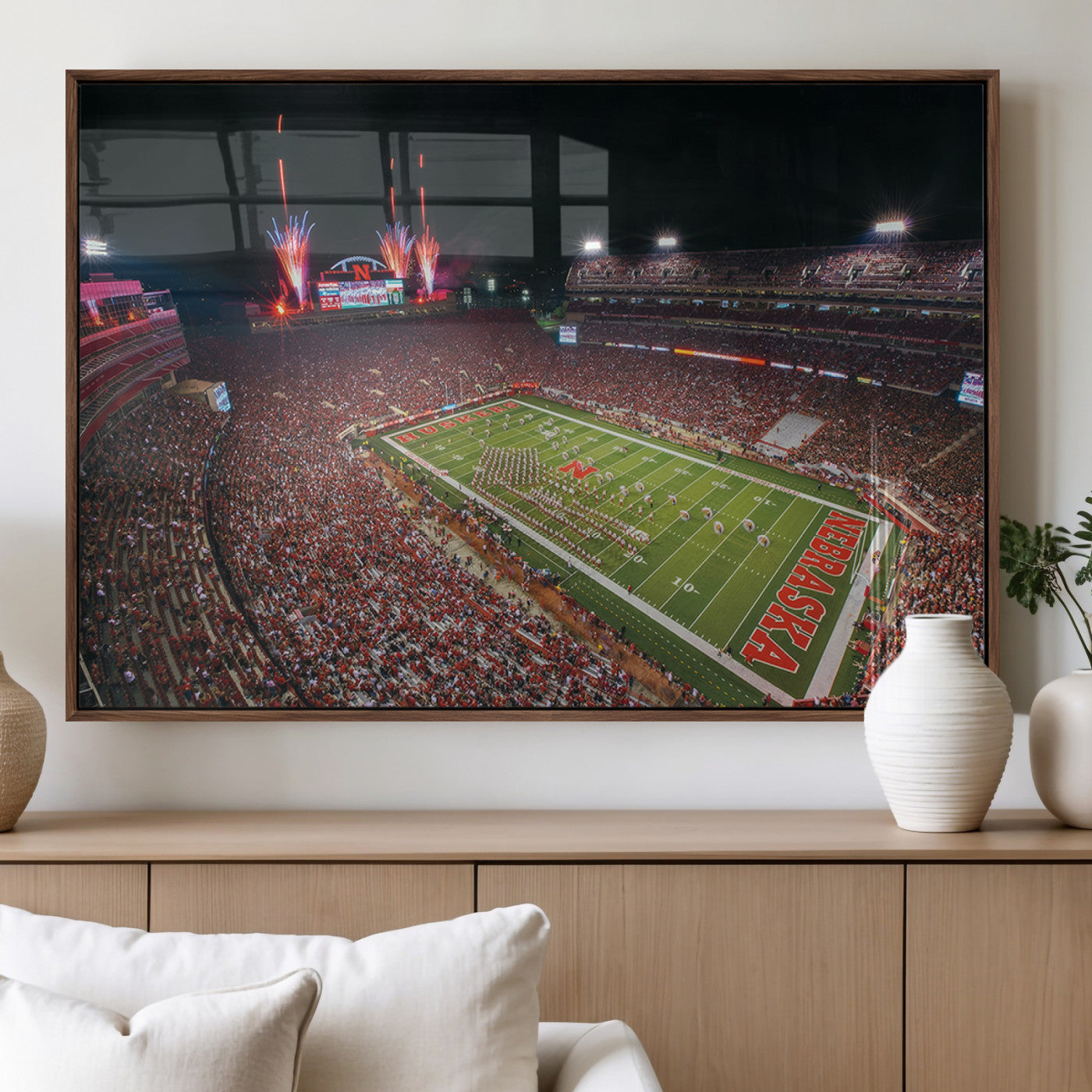 51773-MGV-FP-36X24-3P_Walnut-University of Nebraska Cornhuskers Football Team Print - Lincoln Memorial Stadium Wall Art Canvas