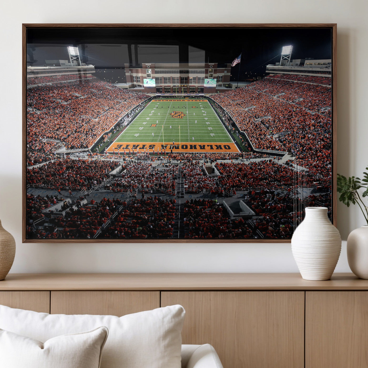 81675-MGV-FP-36X24-3P_Walnut-Boone Pickens Stadium Wall Art Oklahoma State Cowboys Print Framed Sports Canvas Art for Home, Office, Living Room