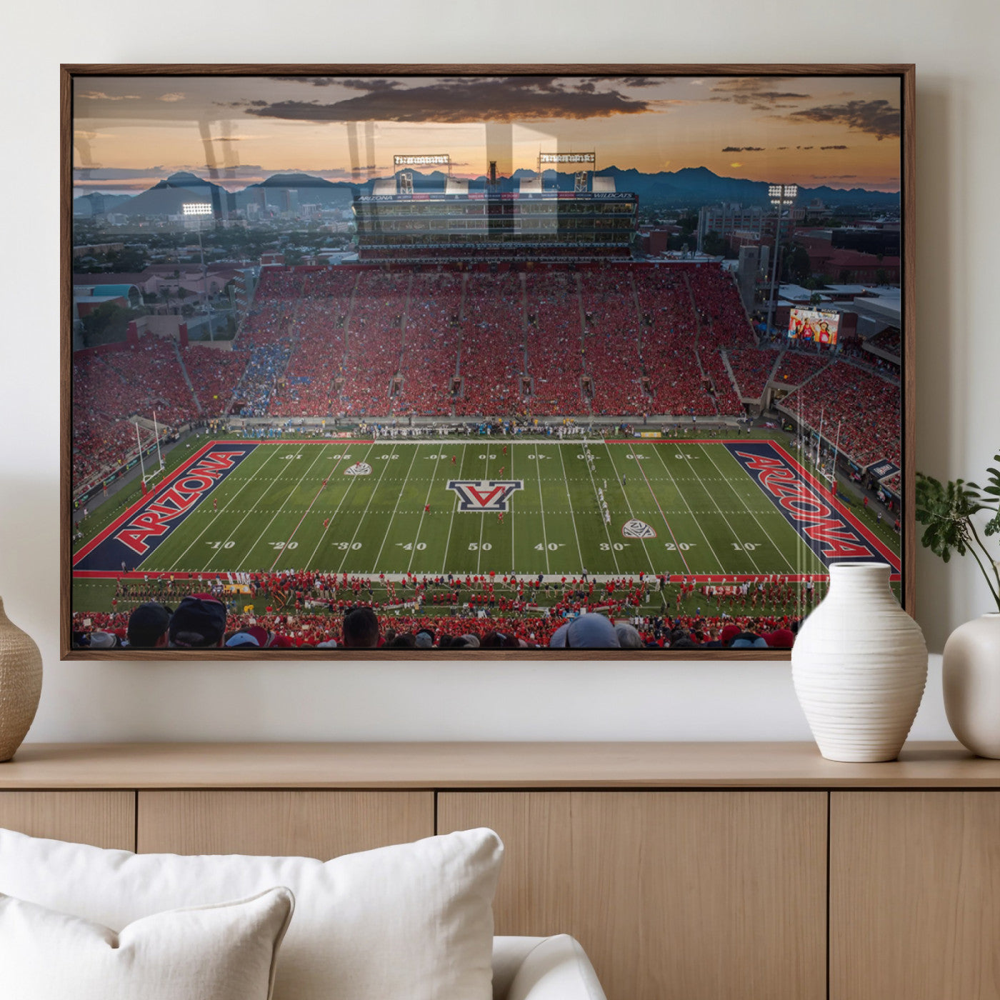 99722-MGV-FP-36X24-3P_Walnut-Framed Arizona Wildcats Football Team Print - Tucson Arizona Stadium Wall Art Canvas Print