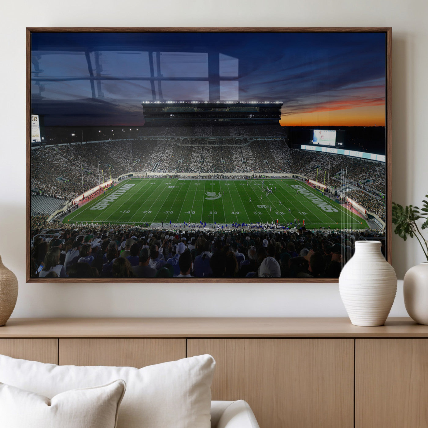 49074-MGV-FP-36X24-3P_Walnut-Michigan State Spartans Football Team Print - East Lansing Spartan Stadium Canvas Print