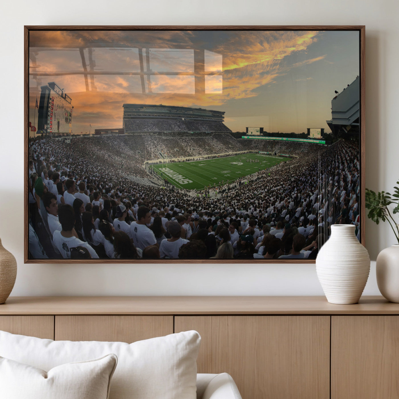 99155-MGV-FP-36X24-3P_Walnut-Michigan State Spartans Football Team Print - East Lansing Spartan Stadium Wall Art Canvas Print