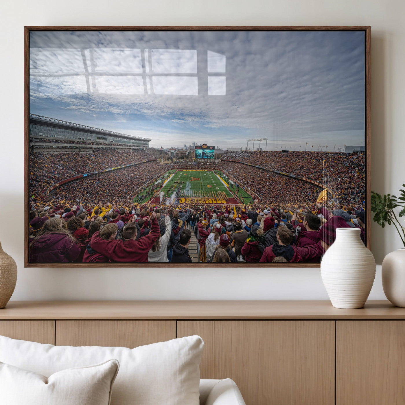 38459-MGV-FP-36X24-3P_Walnut-University of Minnesota Golden Gophers Football Team Print - Minneapolis Huntington Bank Stadium Art