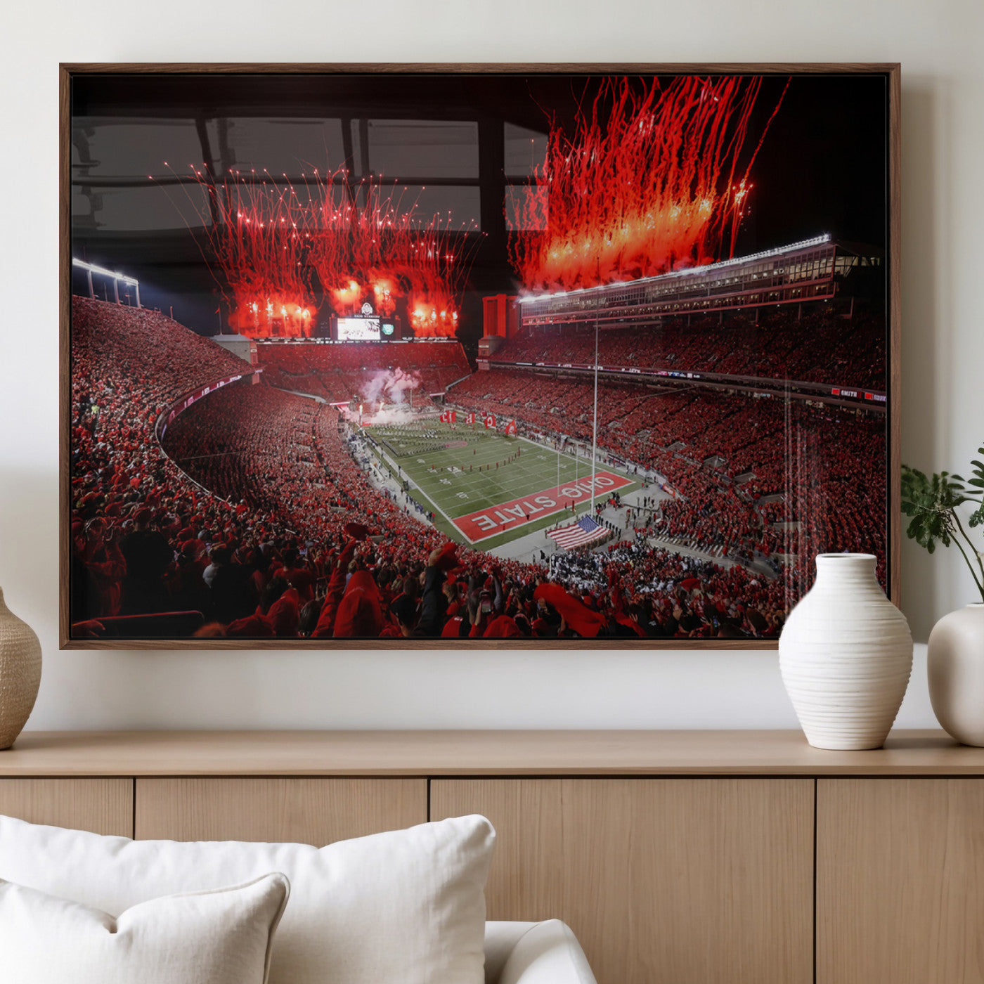 56909-MGV-FP-36X24-3P_Walnut-Ohio State University Buckeyes Football Team Print - Columbus Ohio Stadium Wall Art Canvas Print