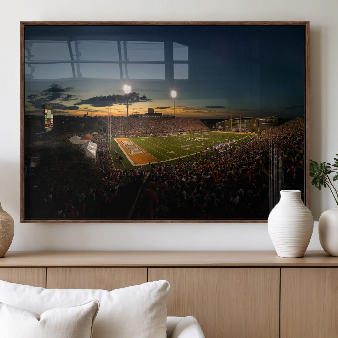 15980-MGV-FP-36X24-3P_Walnut-Ball State Cardinals Football Team Print - Muncie Scheumann Stadium Wall Art Canvas Print
