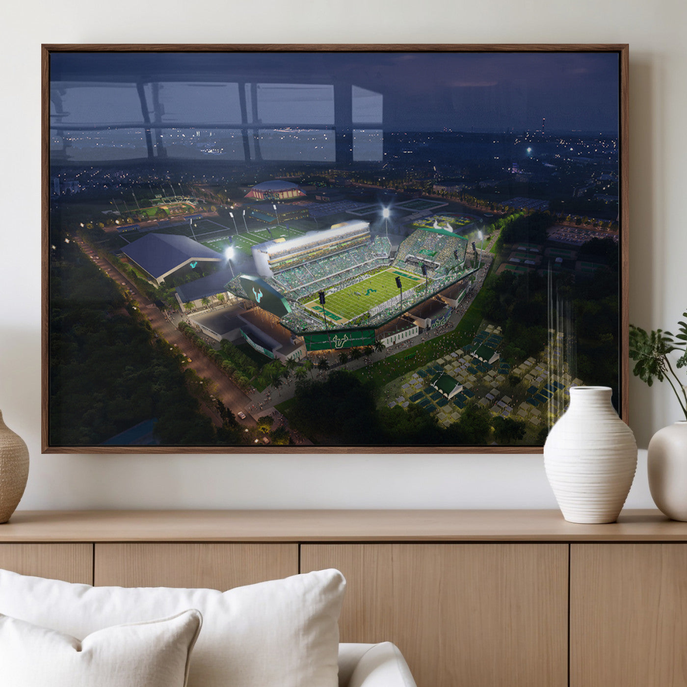 27554-MGV-FP-36X24-3P_Walnut-The University of South Florida Bulls Football Team Print - Tampa USF Football Stadium Wall Art