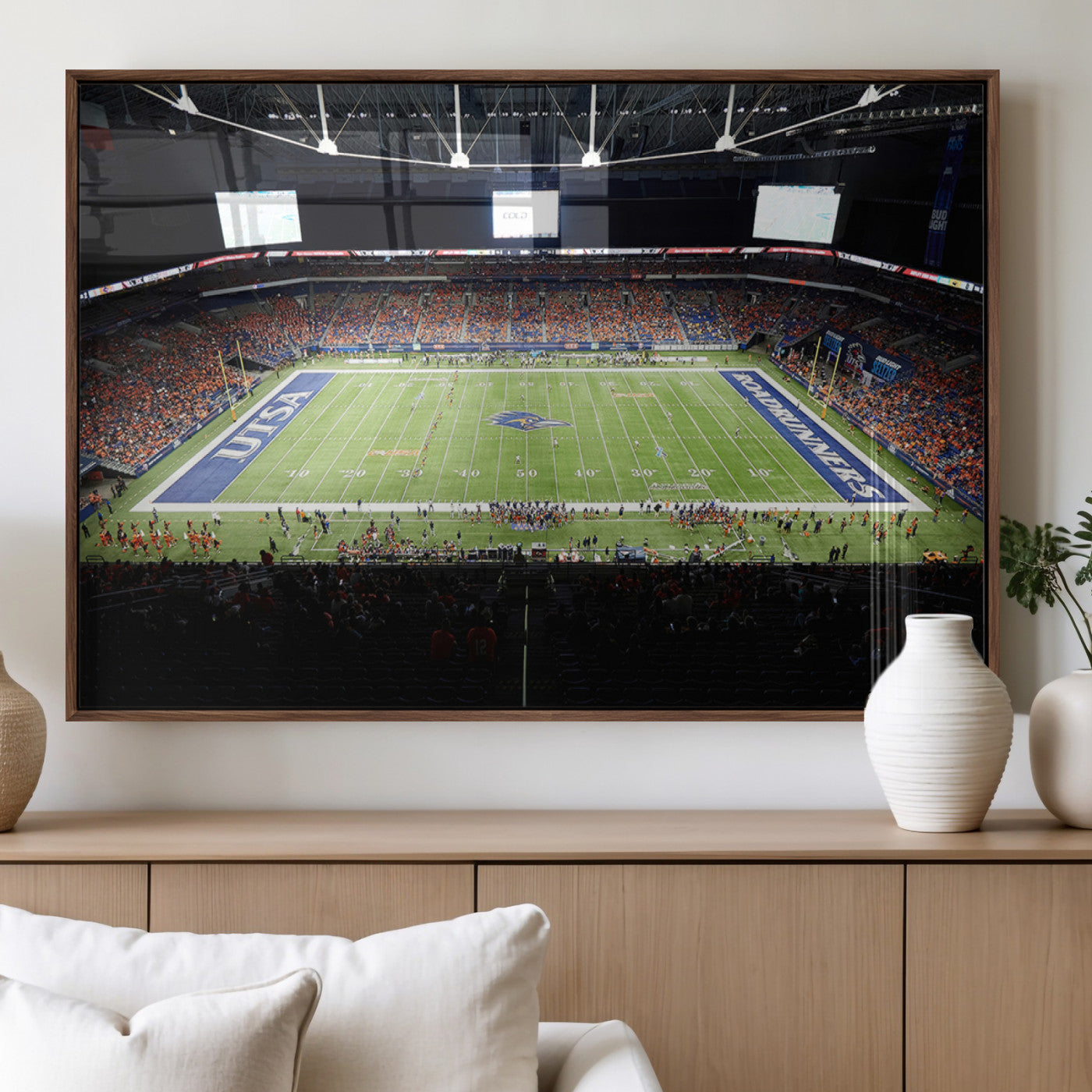 98617-MGV-FP-36X24-3P_Walnut-The University of Texas at San Antonio Roadrunners Football Team Print - San Antonio Alamodome Wall