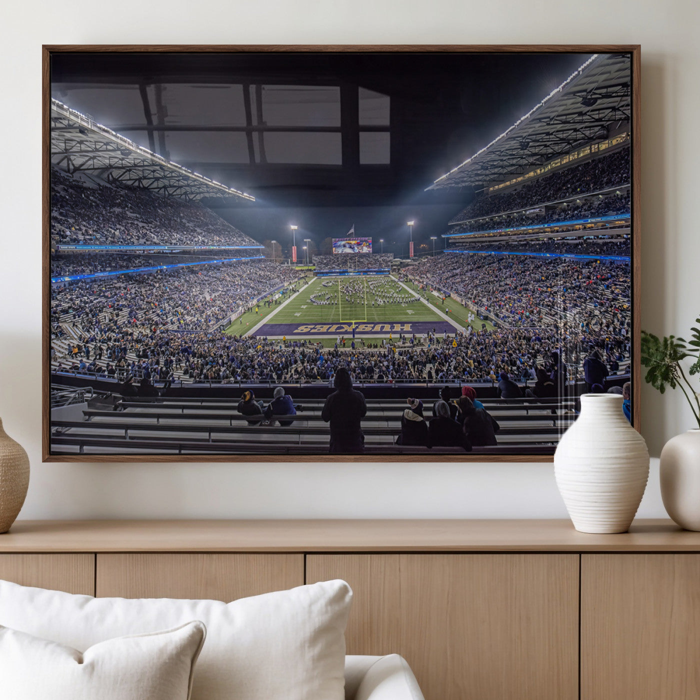 85780-MGV-FP-36X24-3P_Walnut-The University of Washington Huskies Football Team Print - Seattle Husky Stadium Wall Art Canvas
