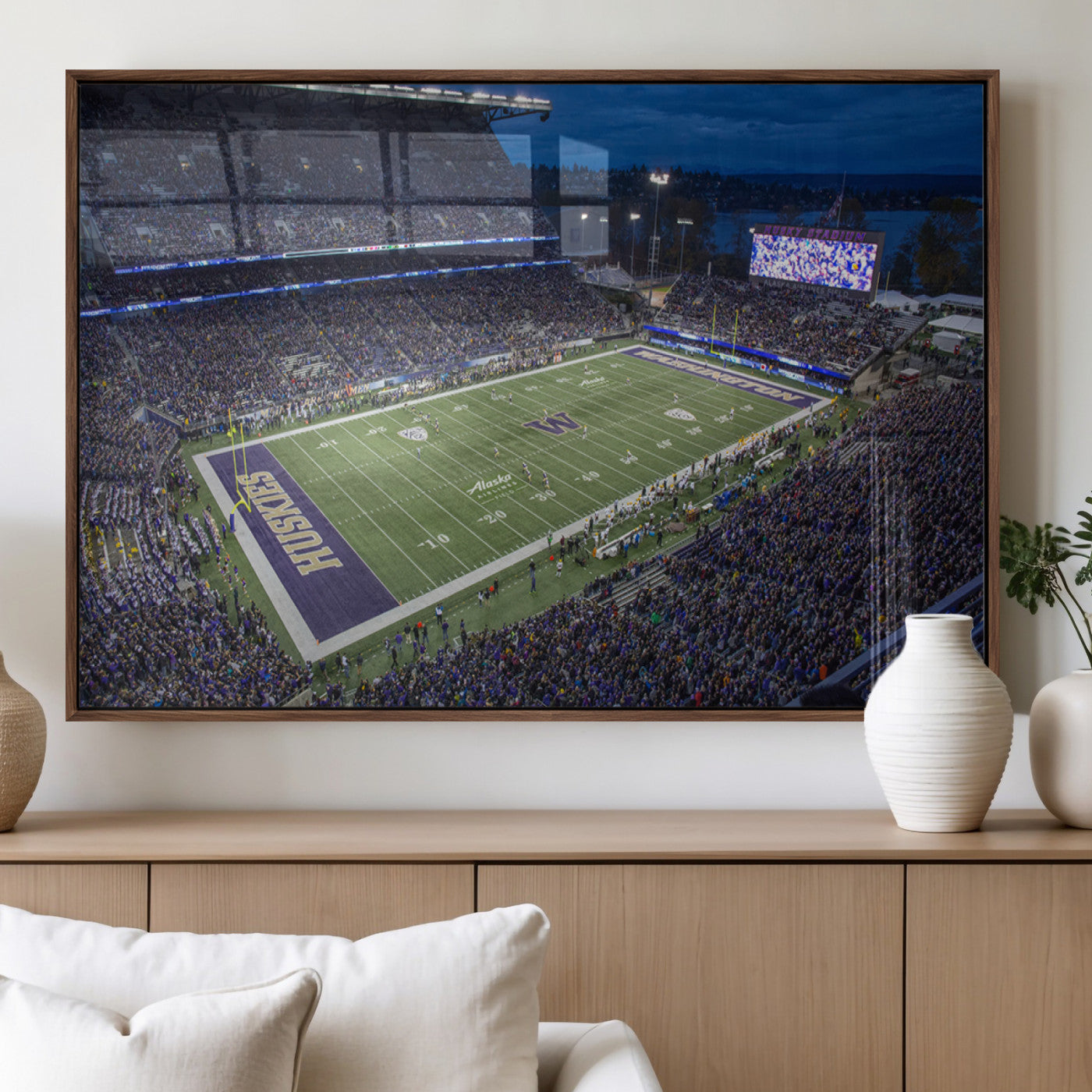 84780-MGV-FP-36X24-3P_Walnut-The University of Washington Huskies Football Team Print - Seattle Husky Stadium Wall Art Canvas