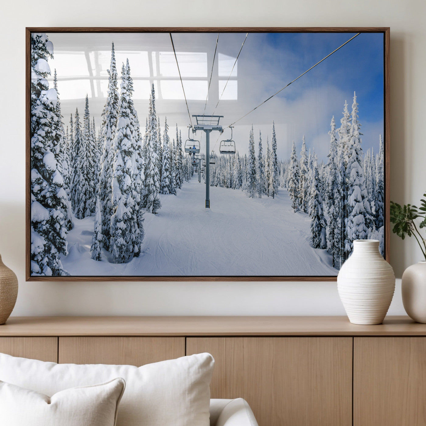 21569-MGV-FP-36X24-3P_Walnut-Winter Ski Lift Wall Art Print - Landscape Wall Art | Snowy Mountain Adventure | Perfect for Cabin