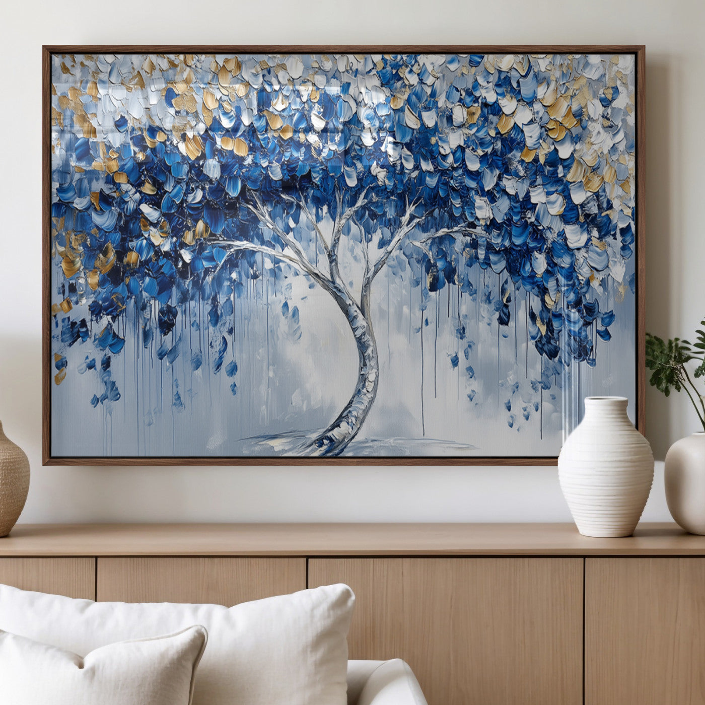 62350-MGV-FP-36X24-3P_Walnut-Blue and Gold Abstract Tree Wall Art Canvas Print | Modern Tree of Life Painting | Framed Canvas