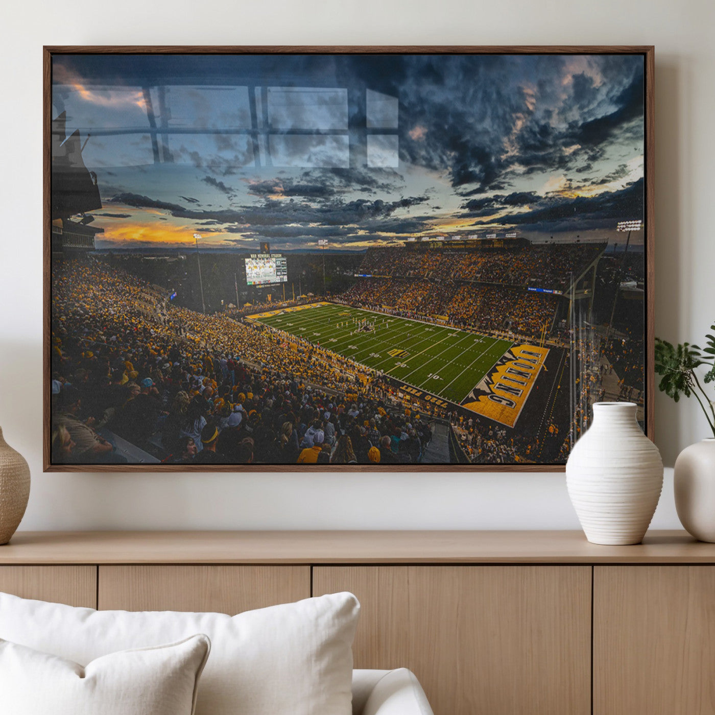 61020-MGV-FP-36X24-3P_Walnut-University of Wyoming Cowboys Football Team Print - Laramie War Memorial Stadium Wall Art Canvas