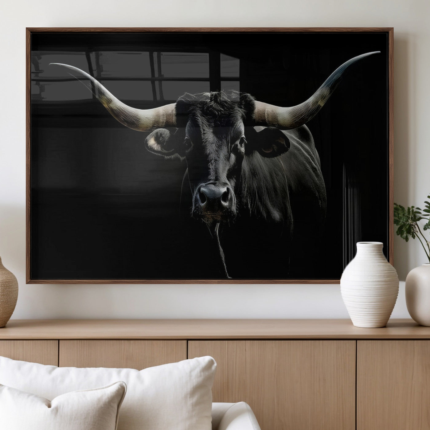 20679-MGV-FP-36X24-3P_Walnut-Texas Black Longhorn Bull Wall Art Canvas Print - Western Texas Cattle Rustic Decor Print - Longhorn