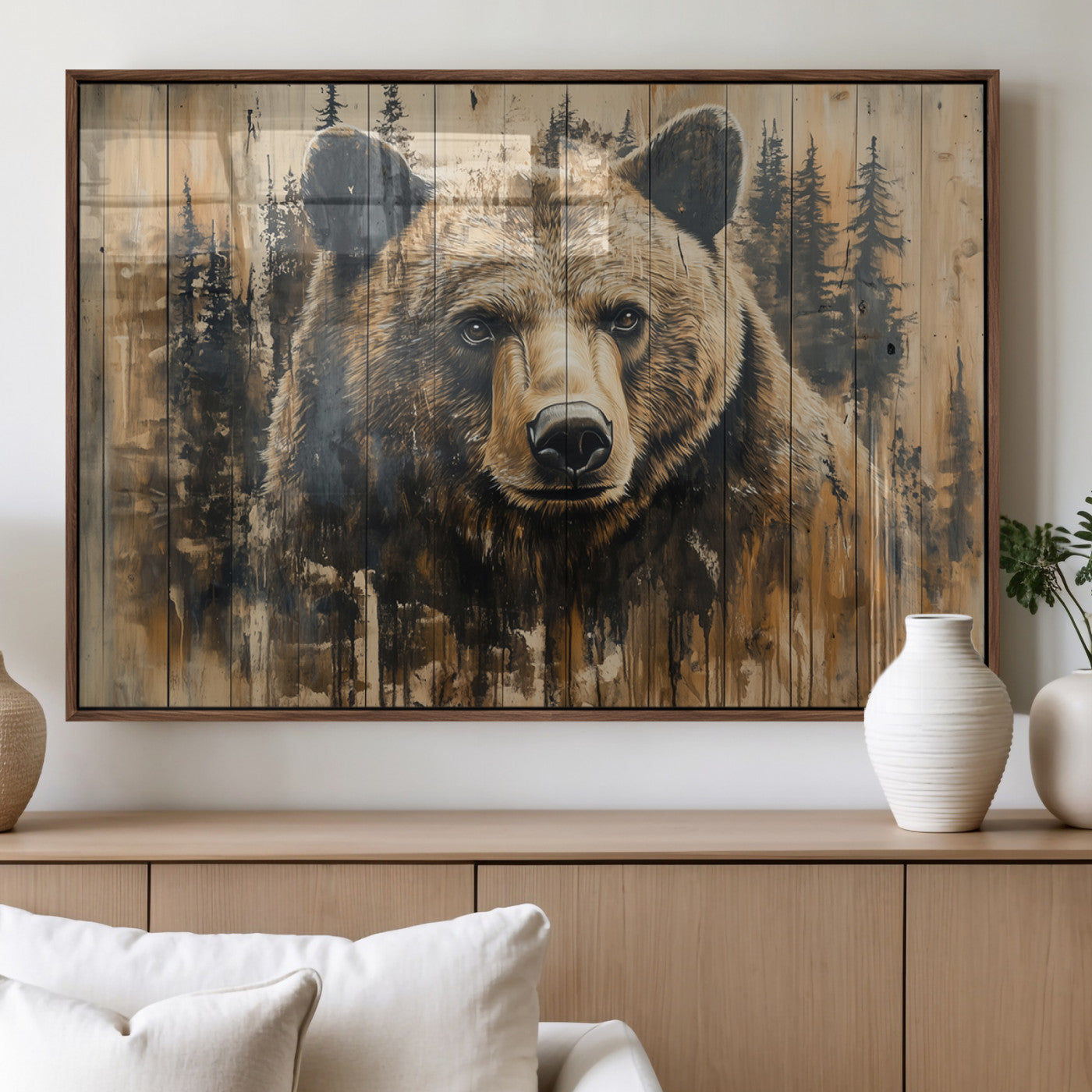 41362-MGV-FP-36X24-3P_Walnut-Majestic Grizzly 399 Bear Wall Art | 3-Panel Rustic Canvas Print for Living Room, Office, or Cabin