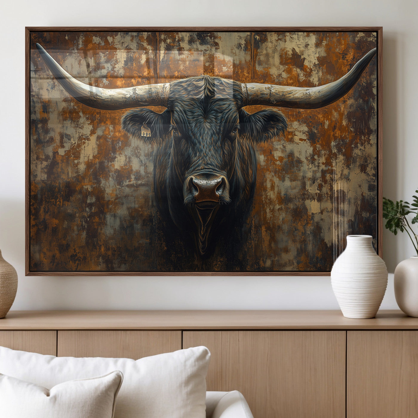 68068-MGV-FP-36X24-3P_Walnut-Longhorn Texas Cow Bull Wall Art | Rustic Farmhouse Canvas Print | Ready to Hang Barn Decor for