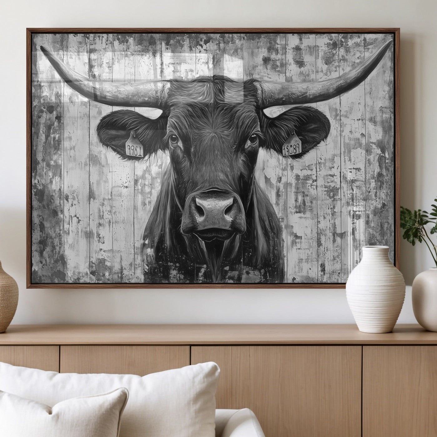 45514-MGV-FP-36X24-3P_Walnut-Abstract Longhorn Bull Wall Art Canvas Print - Rustic Texas Western Cow Artwork