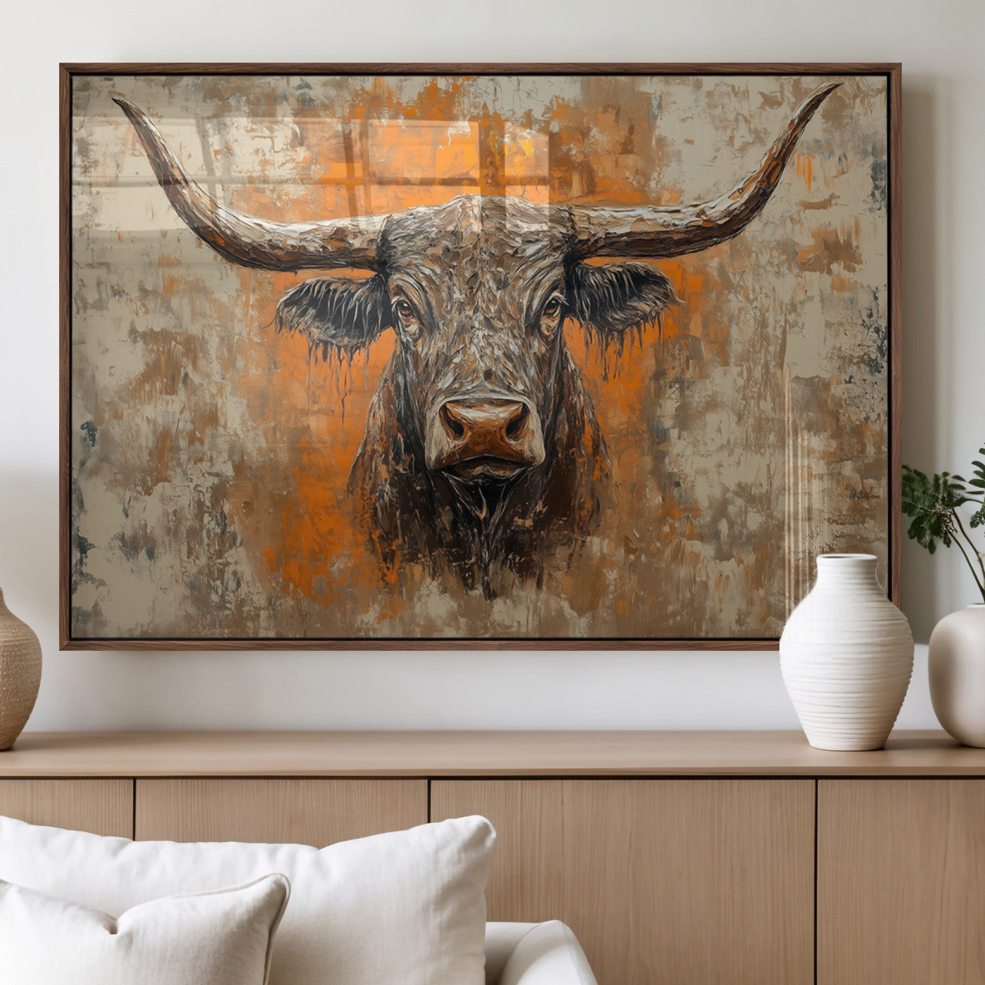 49976-MGV-FP-36X24-3P_Walnut-Abstract Cow Longhorn Bull Wall Art Canvas Print - Rustic Texas Western Cattle Artwork