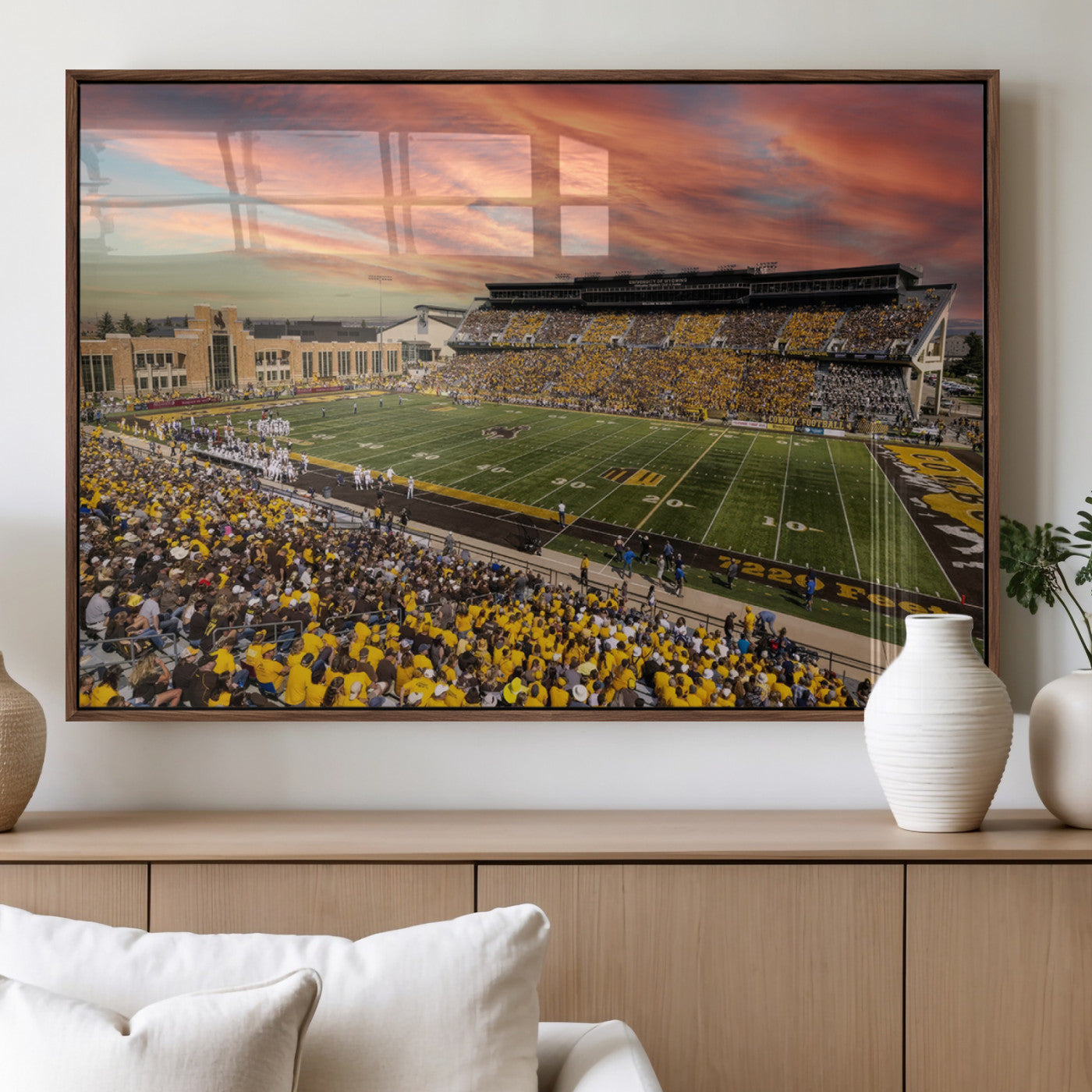 90508-MGV-FP-36X24-3P_Walnut-University of Wyoming Cowboys Football Team Print - Laramie Jonah Field War Memorial Stadium Wall