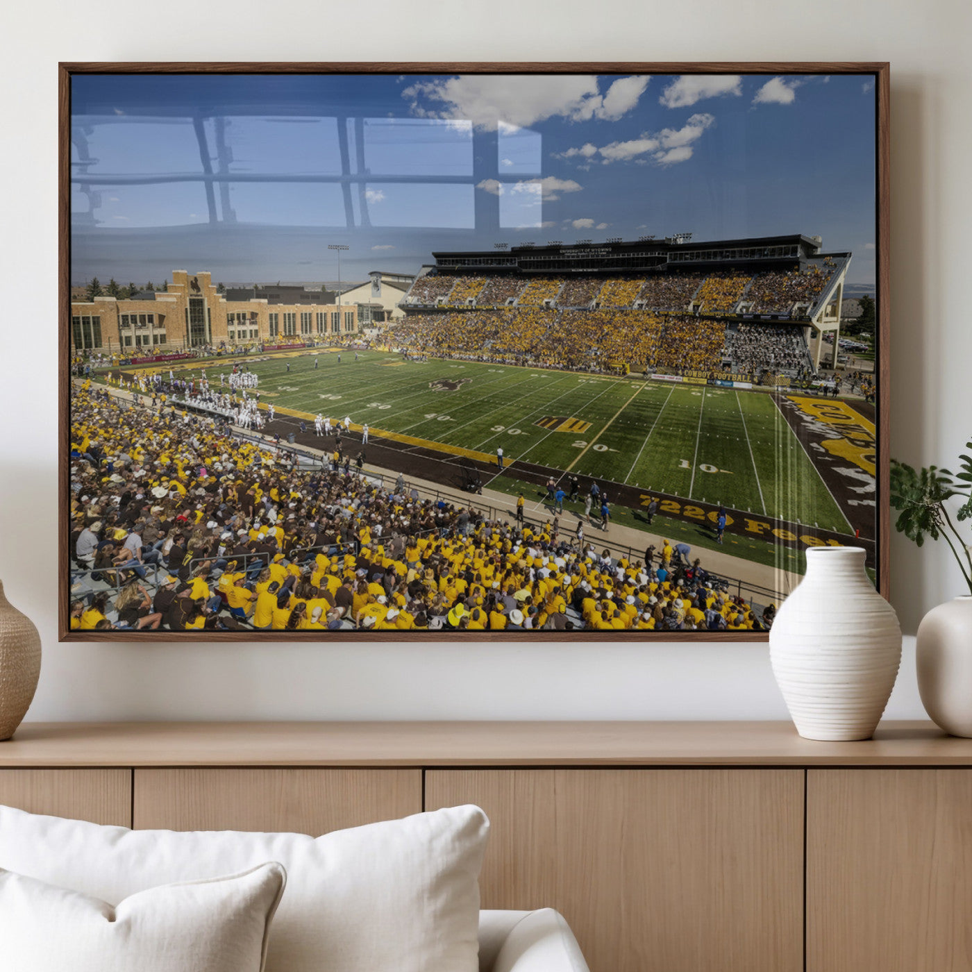 75112-MGV-FP-36X24-3P_Walnut-University of Wyoming Cowboys Football Team Print - Laramie Jonah Field War Memorial Stadium Wall