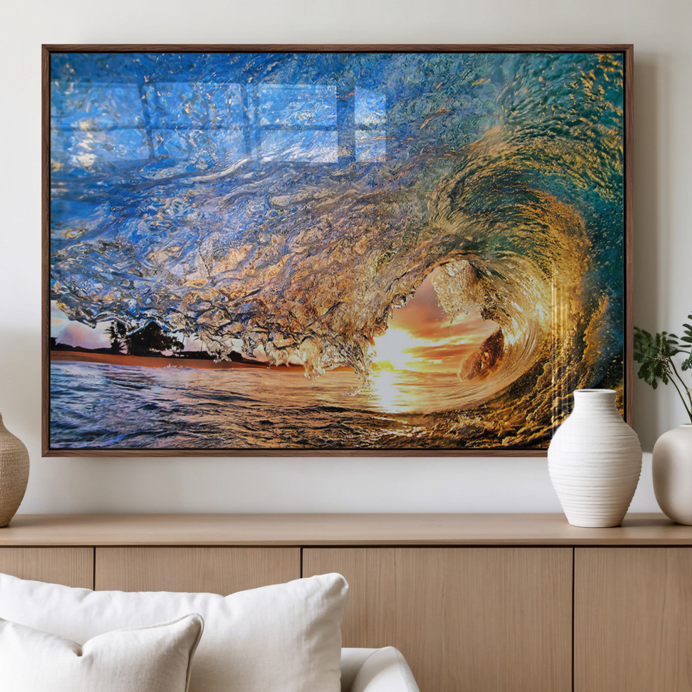 84627-MGV-FP-36X24-3P_Walnut-Ocean Wave at Sunset Canvas Wall Art – Vibrant Coastal Beach Waves Print, Large Nautical Decor,