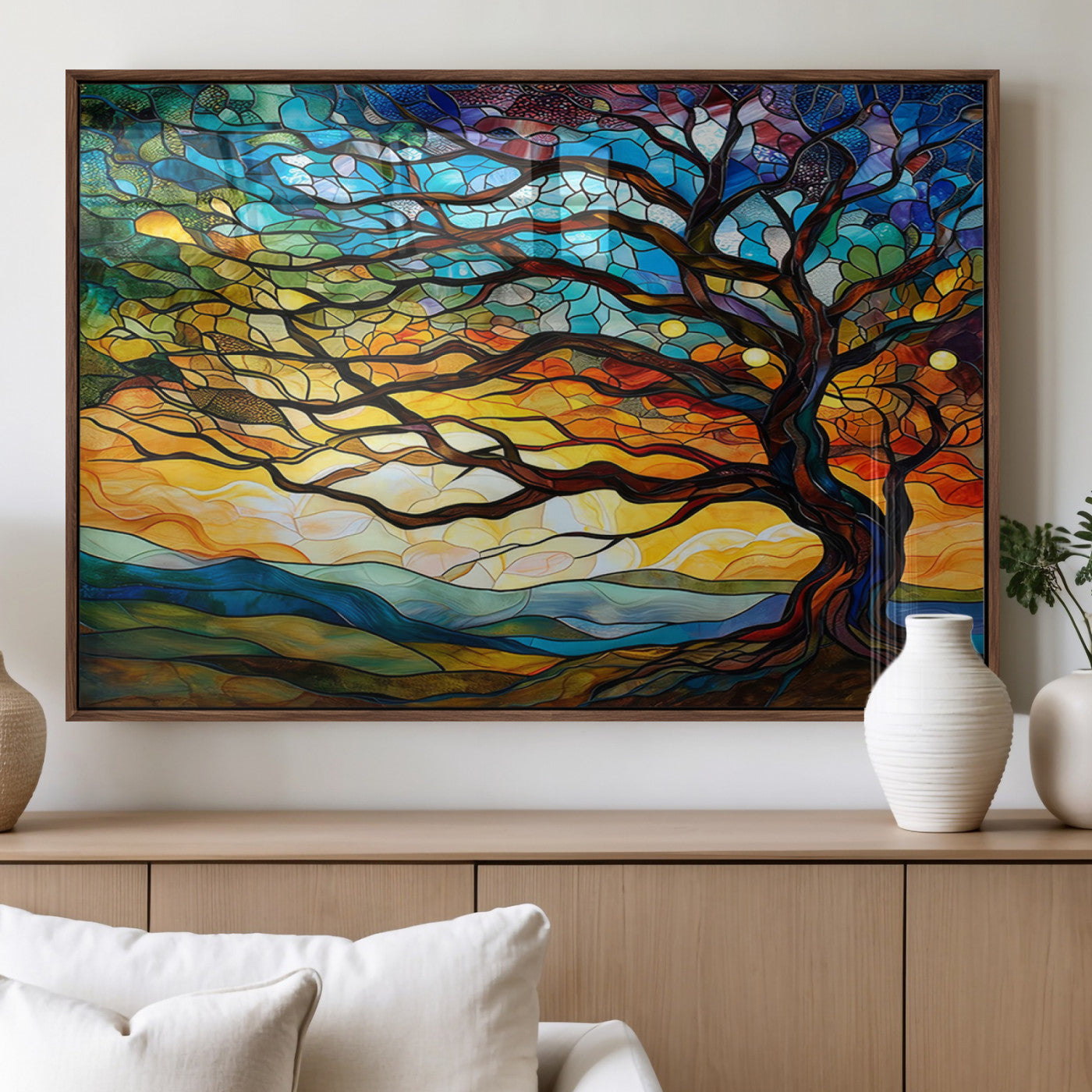 87789-MGV-FP-36X24-3P_Walnut-Vibrant Mosaic Tree of Life Wall Art | Stained Glass Style Canvas Print | Ready to Hang Artistic