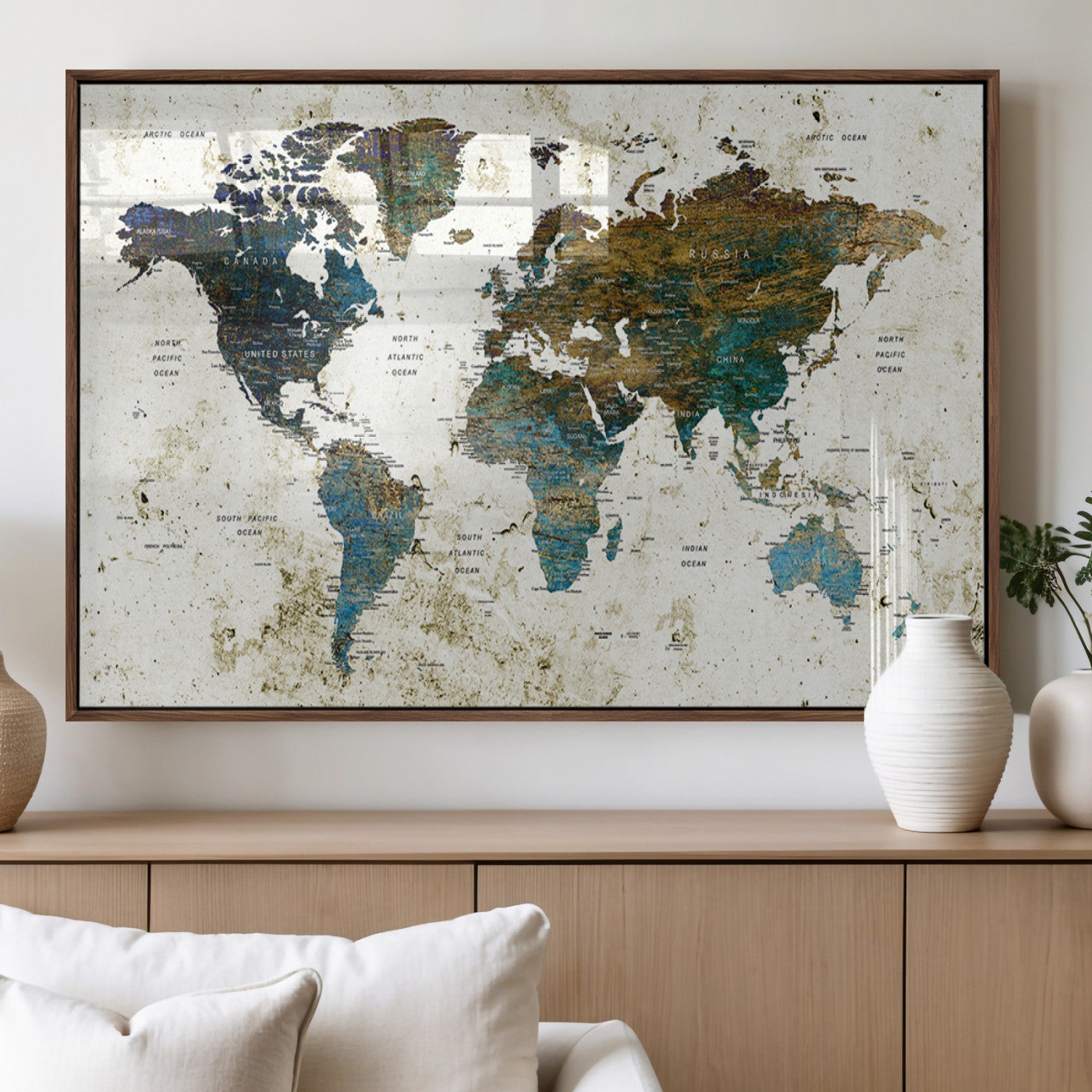89176-MGV-FP-36X24-3P_Walnut-Vintage Blue and Brown World Map Canvas Wall Art – Framed Rustic Map Print, Earth Tone Travel Decor for Stylish Home and Office Walls