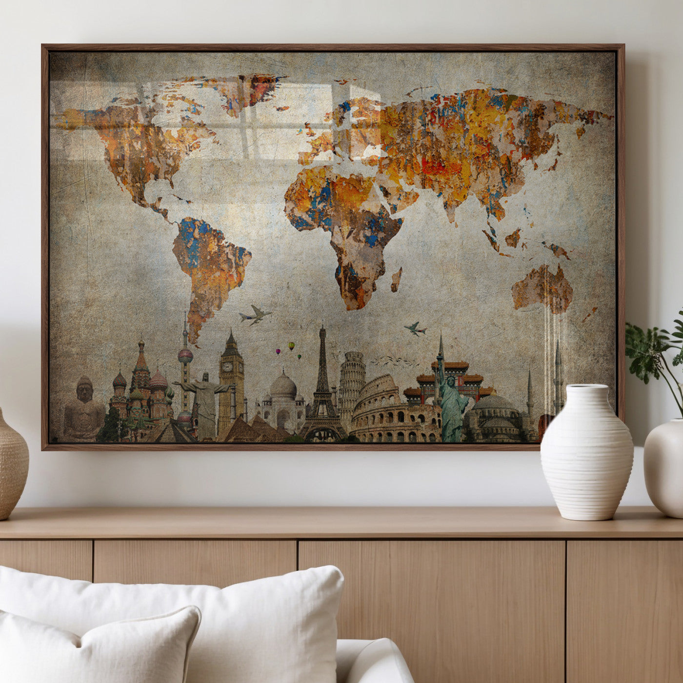 54918-MGV-FP-36X24-3P_Walnut-Push Pin World Map Canvas Print – Travel Tracker Wall Art for Couples, Perfect Anniversary Gift for Home or Office Decor
