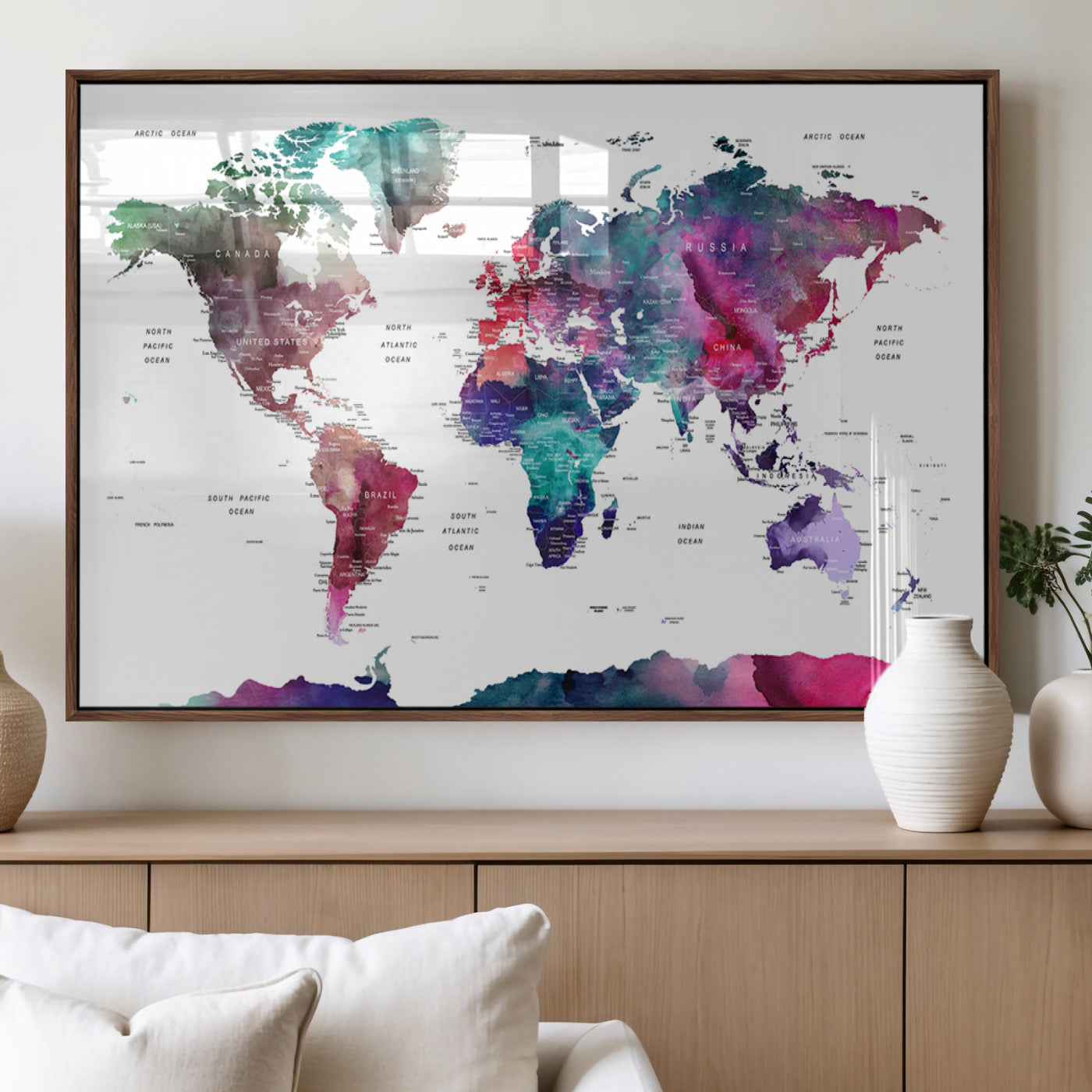 78176-MGV-FP-36X24-3P_Walnut-Colorful Watercolor World Map Canvas Wall Art – Framed Modern Map Print, Vibrant Travel Inspired Artwork for Home and Office Decor